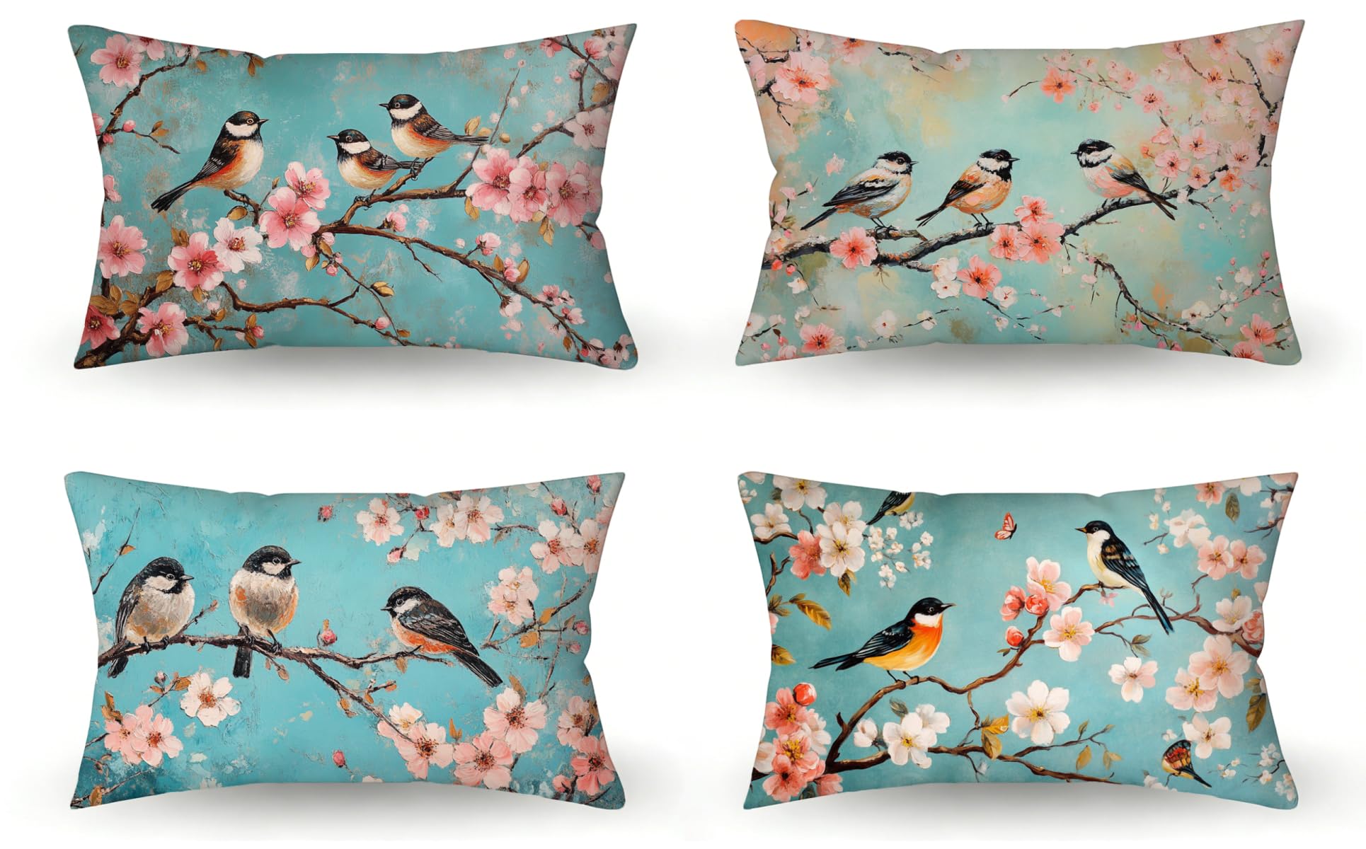 Coussin exterieur impermeable 50x90 lot de 4 en lin motif fleur et oiseau