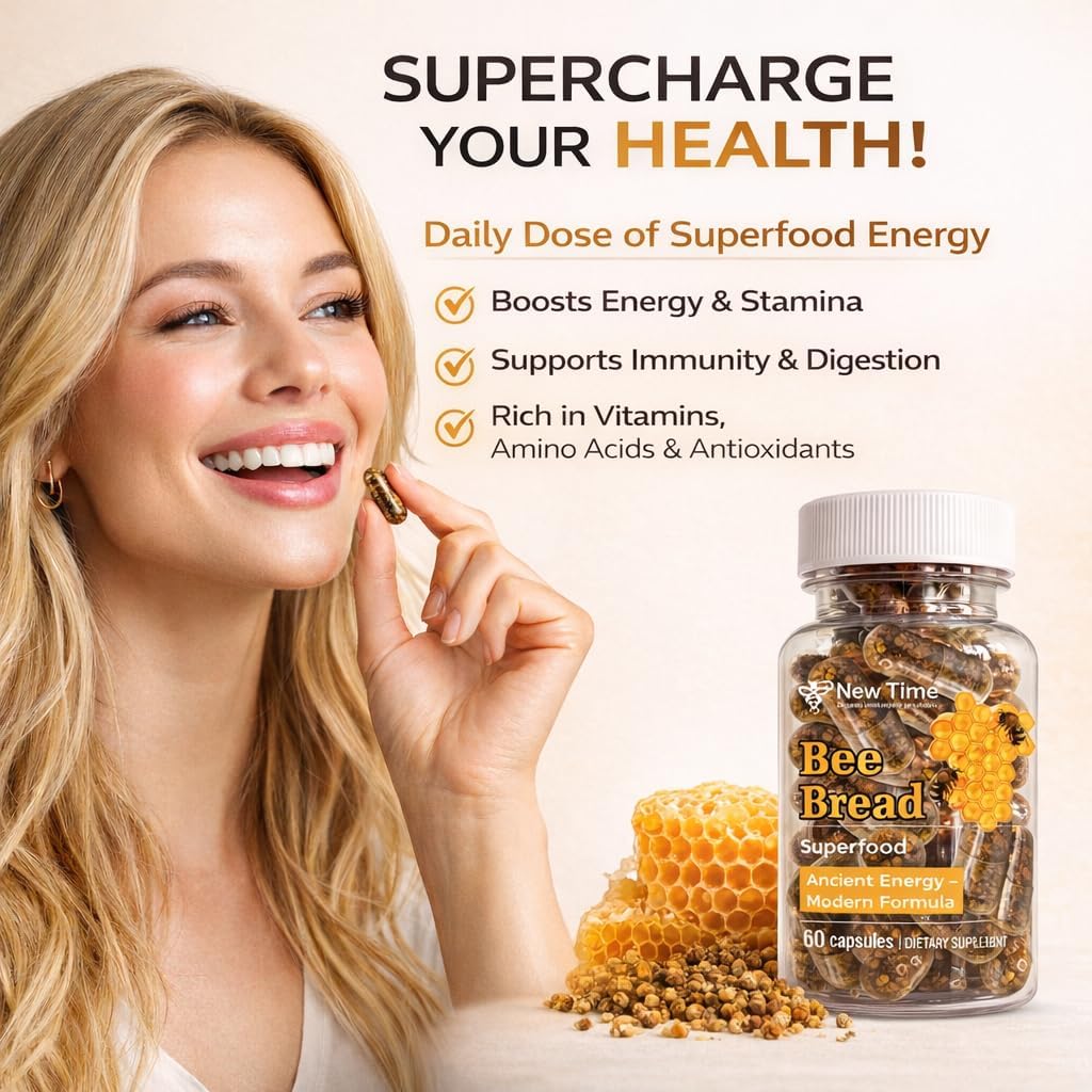 Bee Bread 60 Veggie Capsules - Raw Organic Fermented Bee Pollen (Perga) – Natural Multivitamin Superfood for Energy & Vitality – Immune Support Supplement, Gluten-Free, No Synthetic Additives