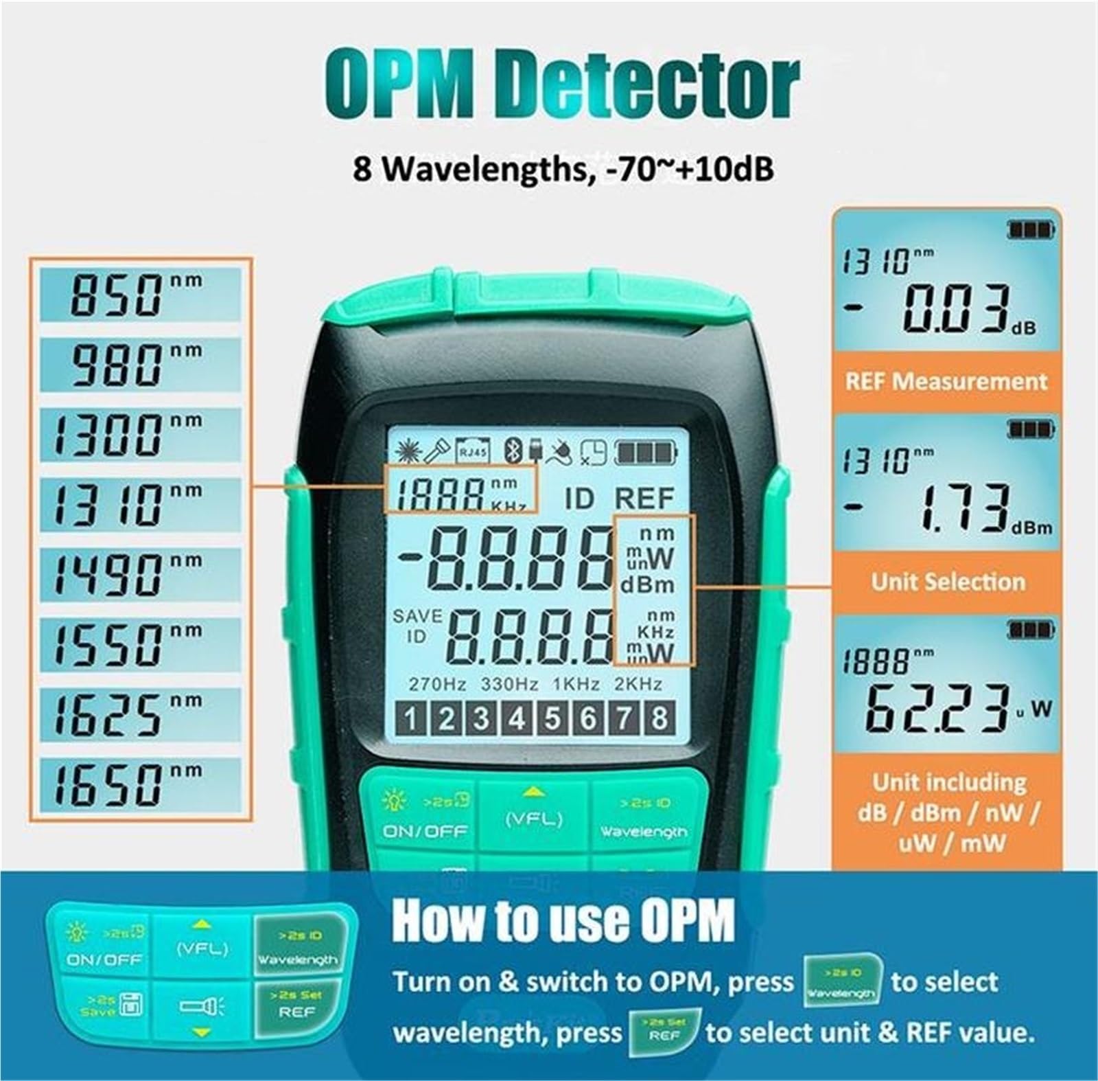 OTDR, Detector de punto de ruptura de potencia de fibra óptica LED mini USB 2 en 1 MT-7617, apto for DB, DBm, NW, MW y UW.,Antiinterferencias