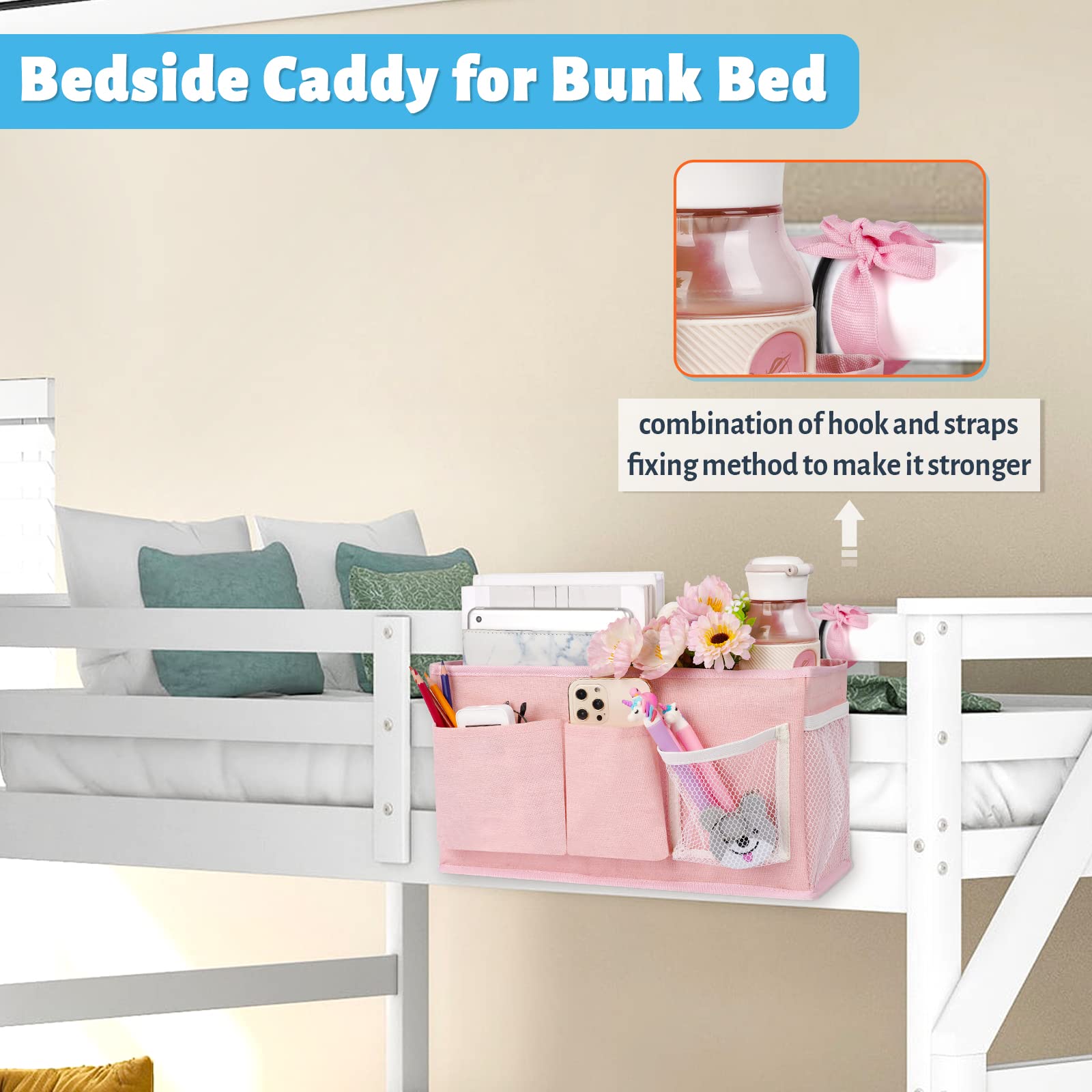 Loghot Bett-Organizer, multifunktionale hängende Aufbewahrungstasche für Etagenbetten, Krankenhausbetten, Studentenwohnheime und Bettgestelle, für Brillen, Bücher, Handys, Schlüssel, Pink (New Pink-1)