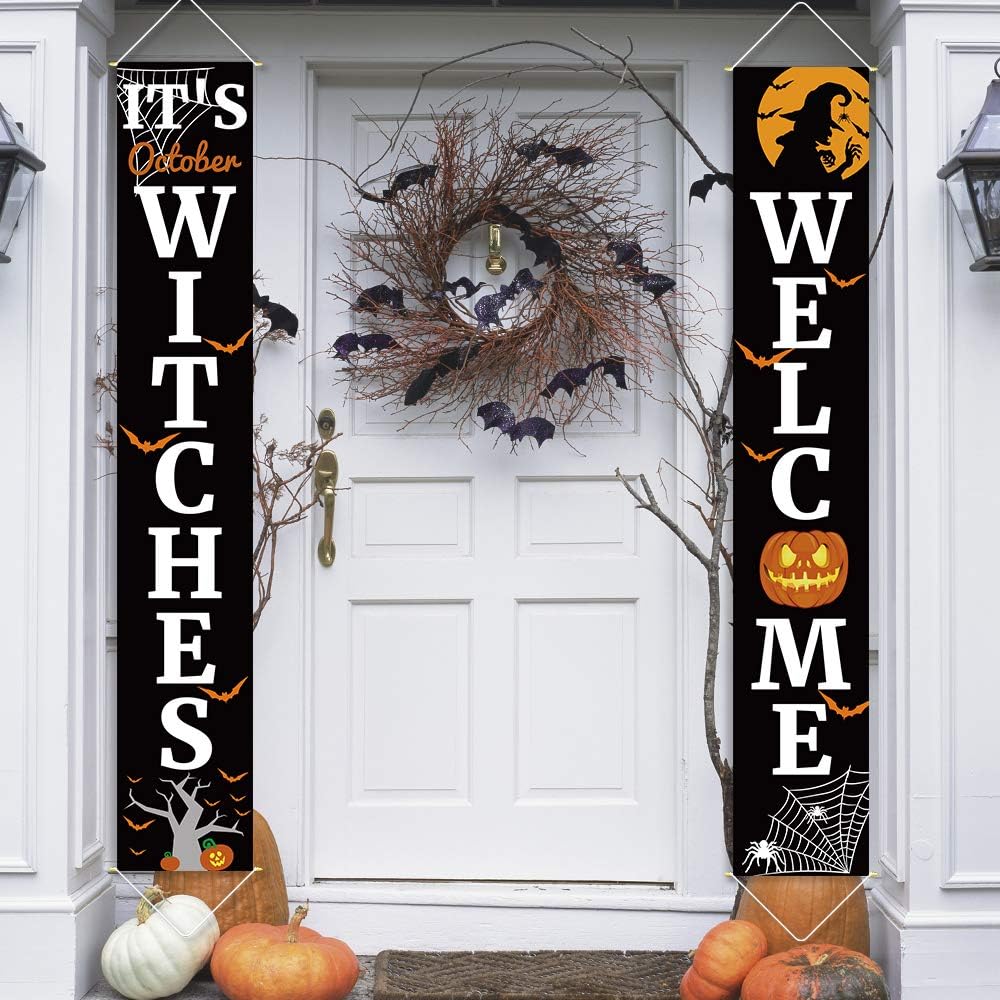 Ivenf Halloween Porch Sign Banners Set 2 Pcs, It's October Witches & Welcome Hanging Decorations for Home Outdoor Indoor Wall Front Door Decor