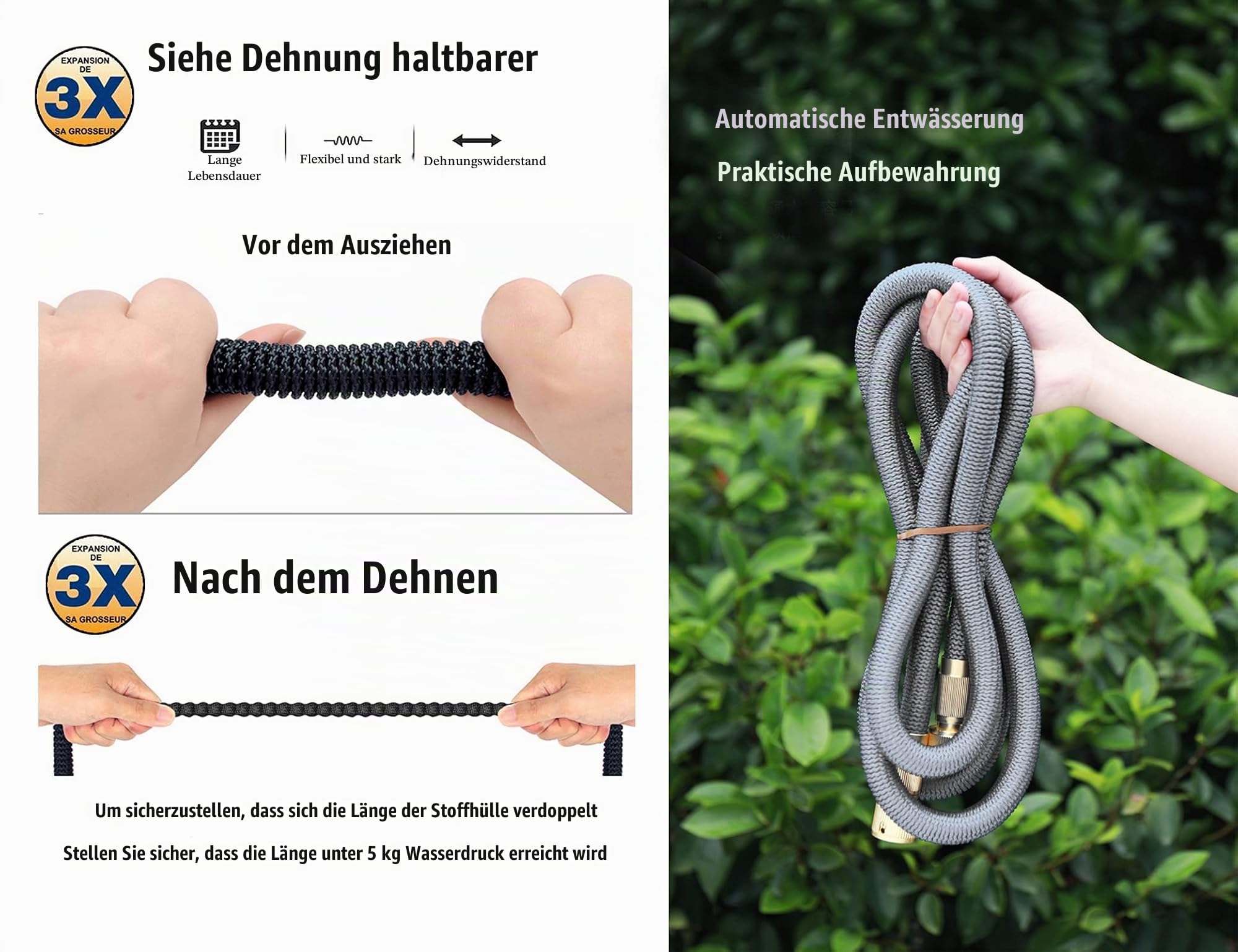 Flexibler Gartenschlauch | ausgedehnt 30m | Wasserschlauch flexibel mit 3-Fach Latexkern | dehnbarer flexiSchlauch | alle Verschraubungen aus hochwertigem Messing (30)