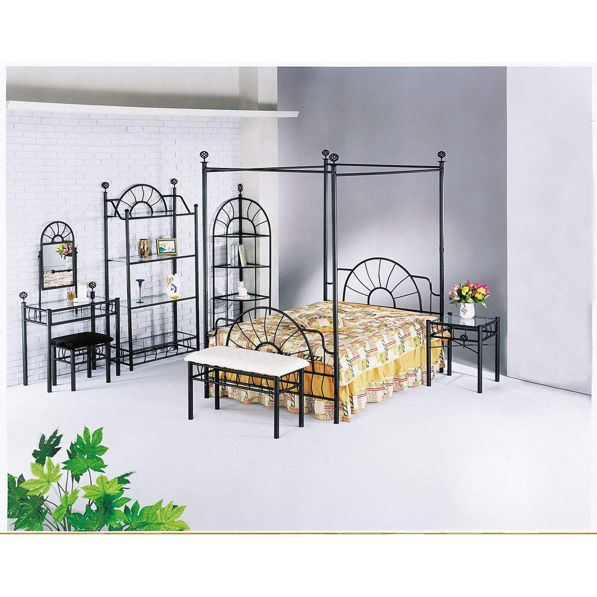 Acme Sunburst Queen Canopy Bed Headboard and Footboard in a bedroom setting