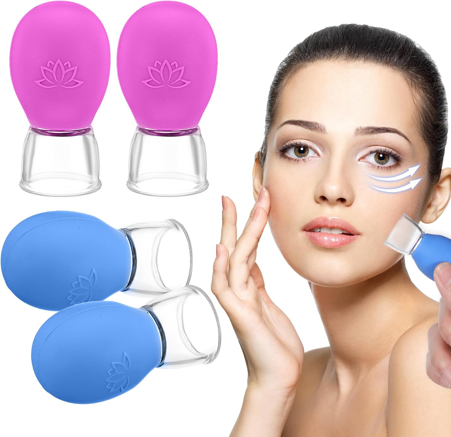 4Pcs Facial Cupping Therapy Set, Silicone Face Cupping Kit for Massage, Anti Cellulite Cup Massage Tool Vacuum Suction Cup for Eye Face Vacuum Massager (Blue, Rose Red)