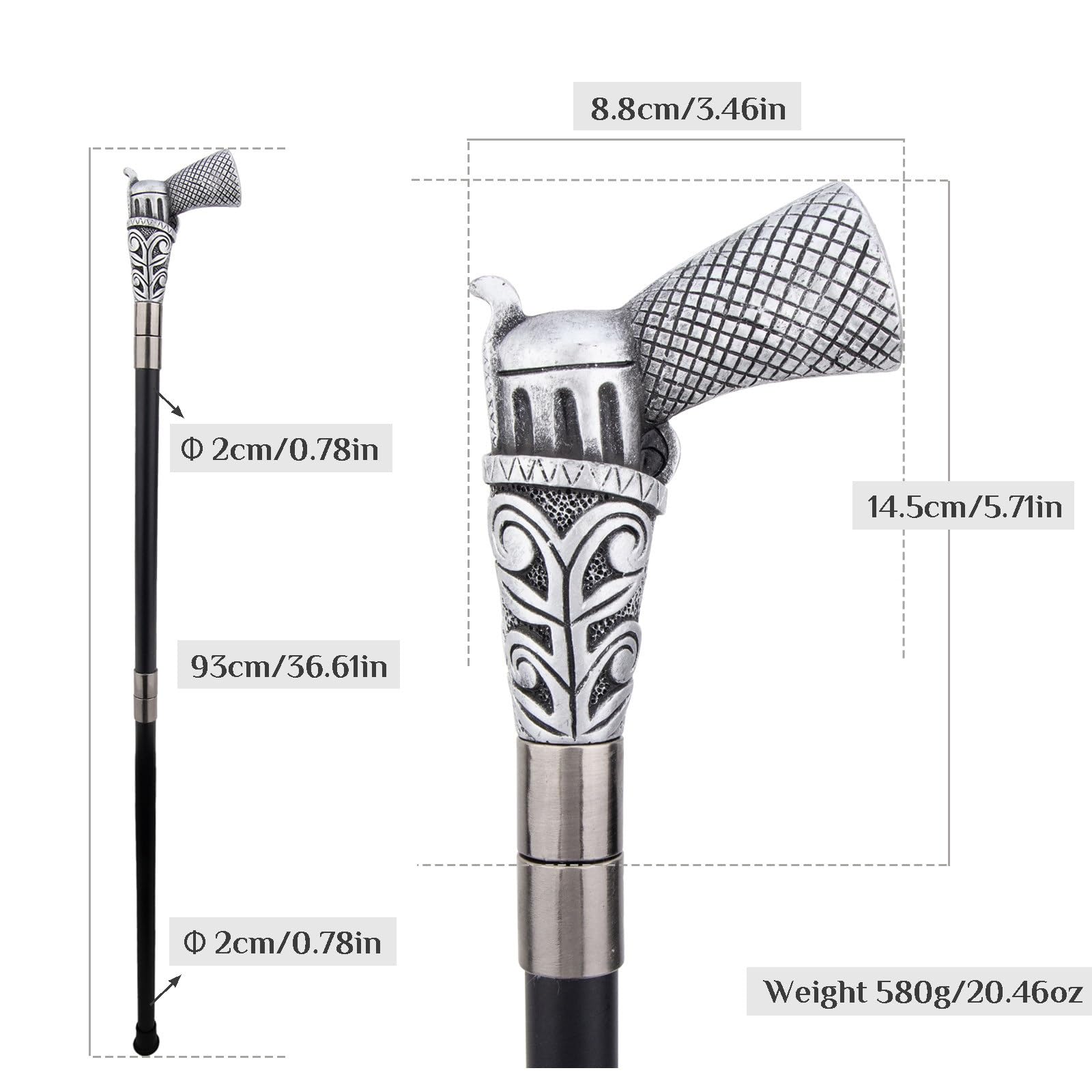 Bastón de Resina White Pisto, Bastón de Lujo para Hombre y Mujer, con Empuñadura Antideslizante Extraíble, Cospaly Vintage Party 93 Cm