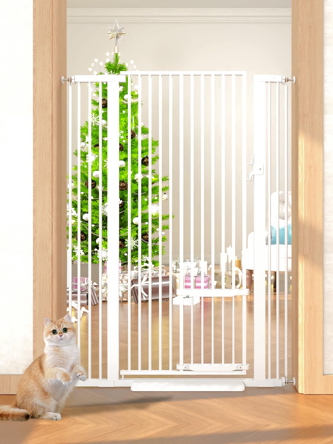 55.1" Extra Tall Cat Gate 29.5-40.6 Wide Pet gate with Small Cat Door,Pet Gate NO Drilling Pressure Mount Kit for Cats and Dogs Indoor Doorways liveing Room Bedroom White White 51in Set A