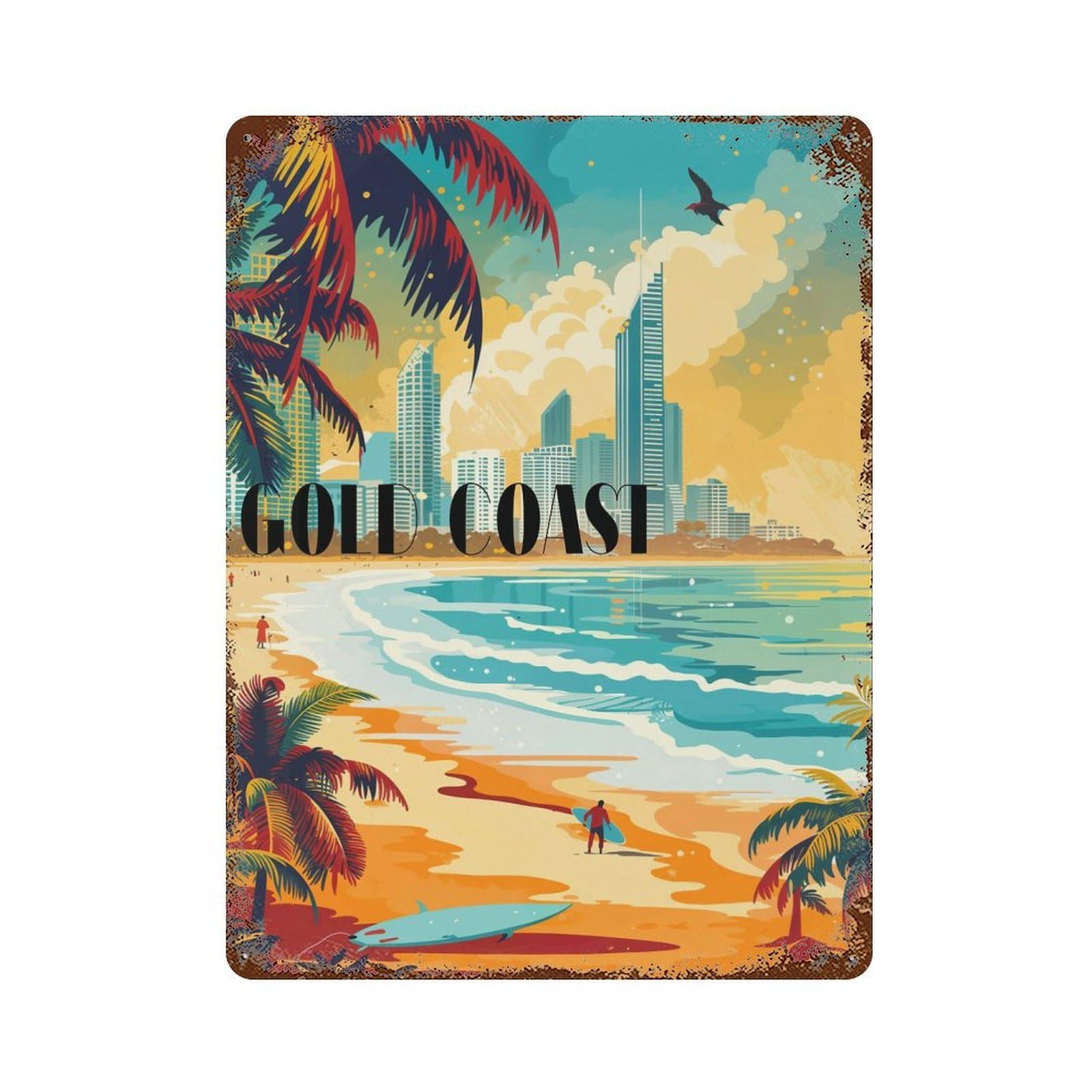 Surfing Gold Coast Distressed Metal Wall Sign 15.7"x11.8", Rustic Home Decor for Farmhouse, Kitchen And Entryway Decor