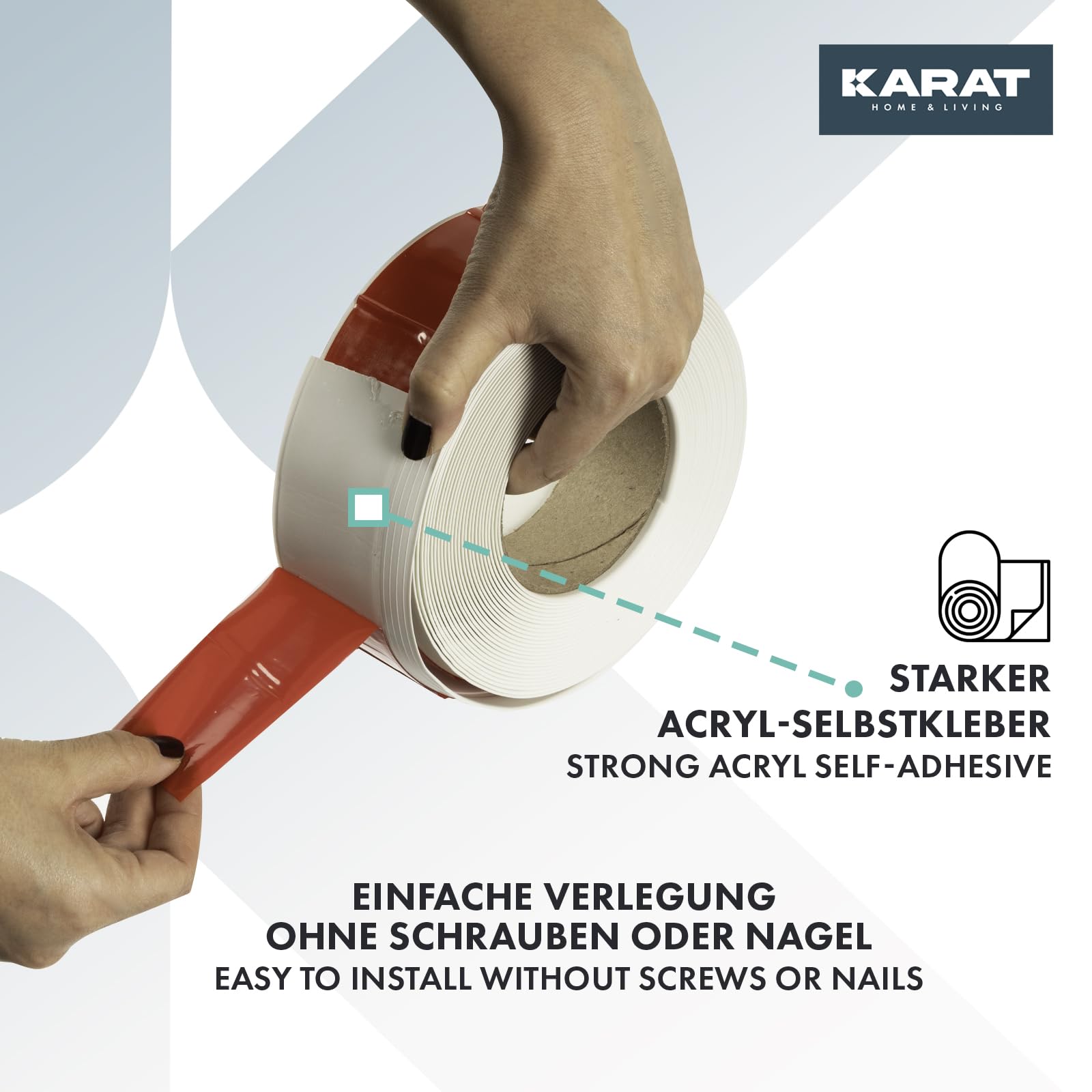 KARAT Sockelleiste Selbstklebende Rückseite - 50 x 15 mm - Küchenleiste, Knickleiste individuell zuschneidbar - Weichsockelleiste aus PVC, Oslo (Weiß, Länge: 25 Meter)
