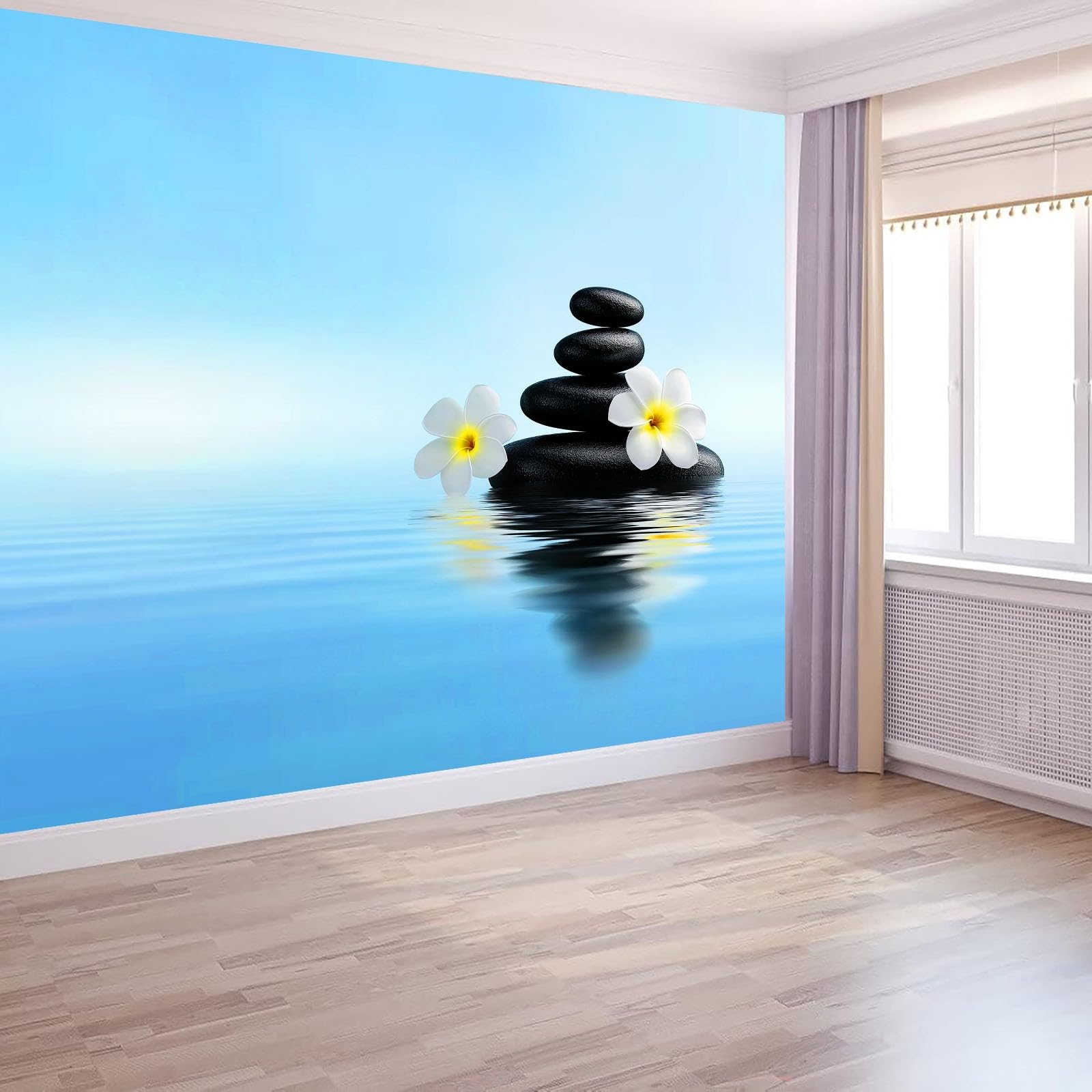 Fototapeta Zen Frangipani - estetyka, kamień, natura, 200 x 140 cm, tapeta z włókniny, tapeta ścienna, odporna na promieniowanie UV, neutralna zapachowo, niebieska