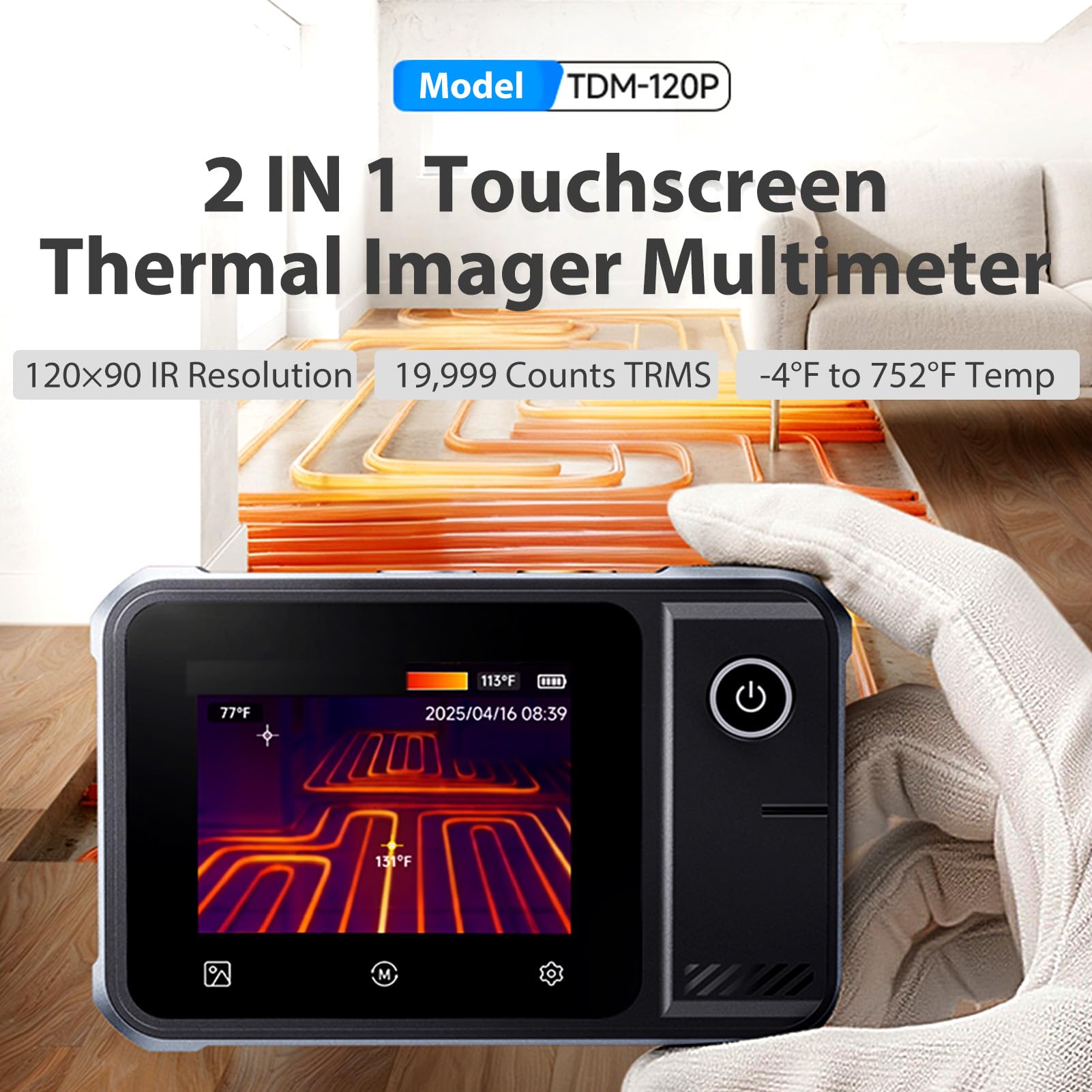TDM-120P Termocamera Multimetro 2in1, 120x90 Termocamera a infrarossi, da -20 °C a 400 °C, Touchscreen 2,8'', Multimetro Digitale TRMS 19999 Conteggi per applicazioni elettriche e Auto Repair