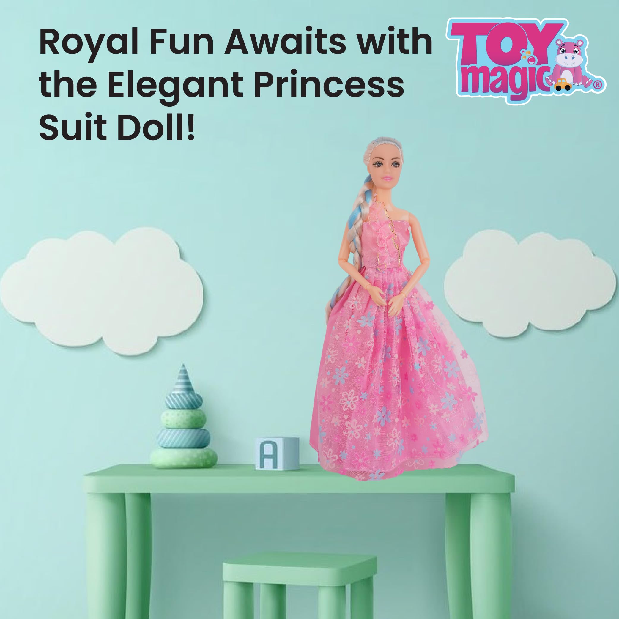 ToyMagic Dolls Princess Suit | Gorgeous Pink Gown, Multicolor Braided Hair & Butterfly Clip | Fully Movable Body for Creative Play | for Kids Age 3+ | Imagination-Boosting Royal Roleplay Toy - Image 5 thumbnail