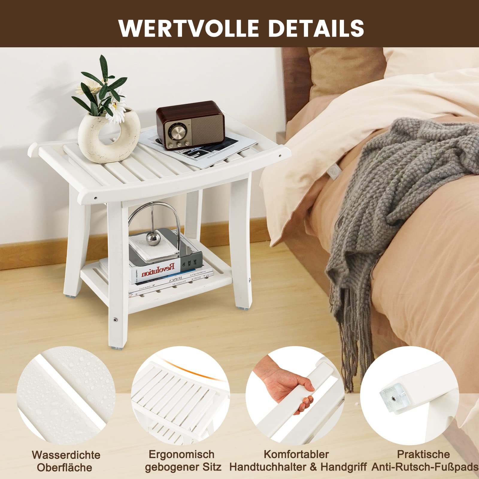 GOPLUS Taburete de Baño HDPE, Banco de Ducha Impermeable con Estante de Almacenamiento para Afeitarse las Piernas y SPA, Asiento de Ducha para Mayores y Mujeres Embarazadas, 60,5 x 34 x 48 cm (Blanco)
