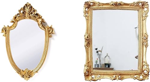Funerom Espejo de pared decorativo vintage de 11.6 x 9 pulgadas, forma de escudo dorado, 11 x 9.5 pulgadas, cuadrado, dorado antiguo