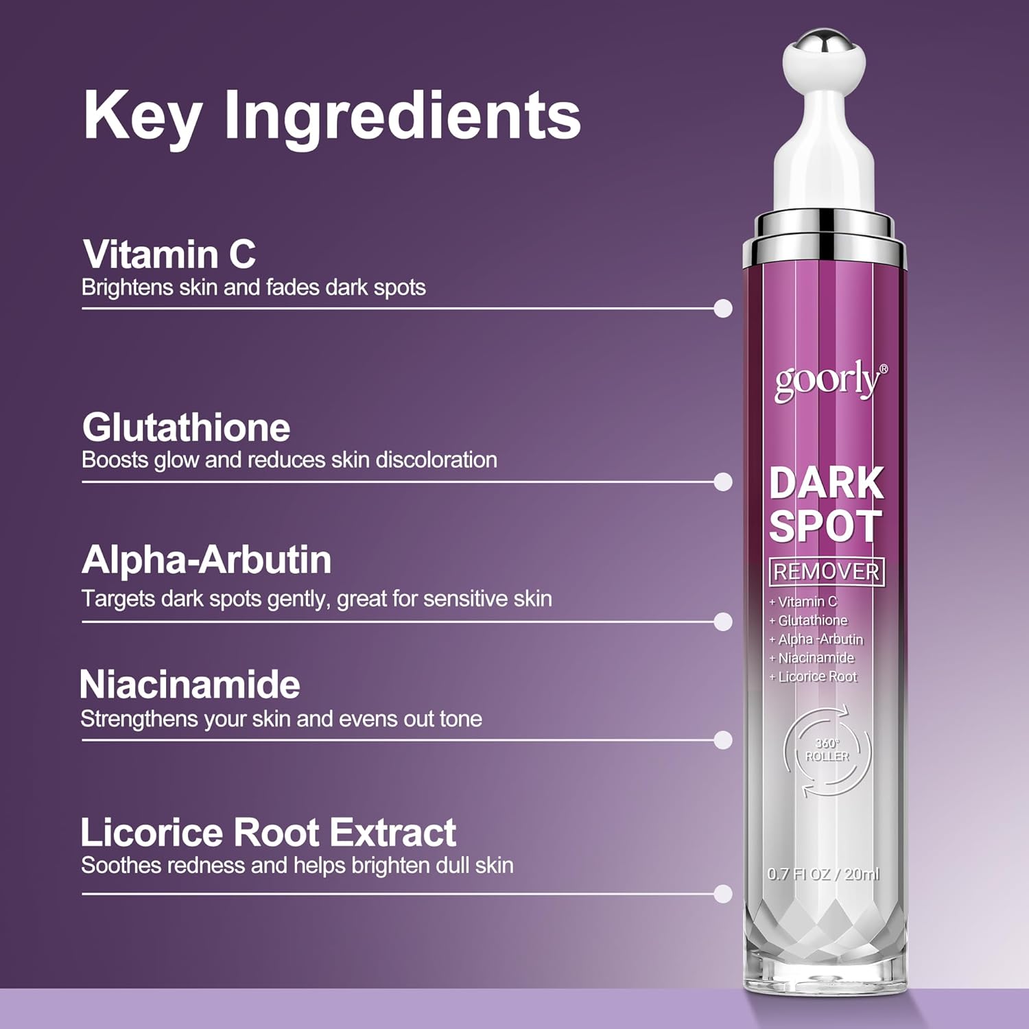 Dark Spot Remover for Face and Body, Age Spot Sun Freckles Brown Corrector Serum, Skin Care Face Serum with 360° Roller, Contains Vitamin C, Glutathione and Niacinamide, for All Skin Types (0.7 Fl Oz) - Image 2