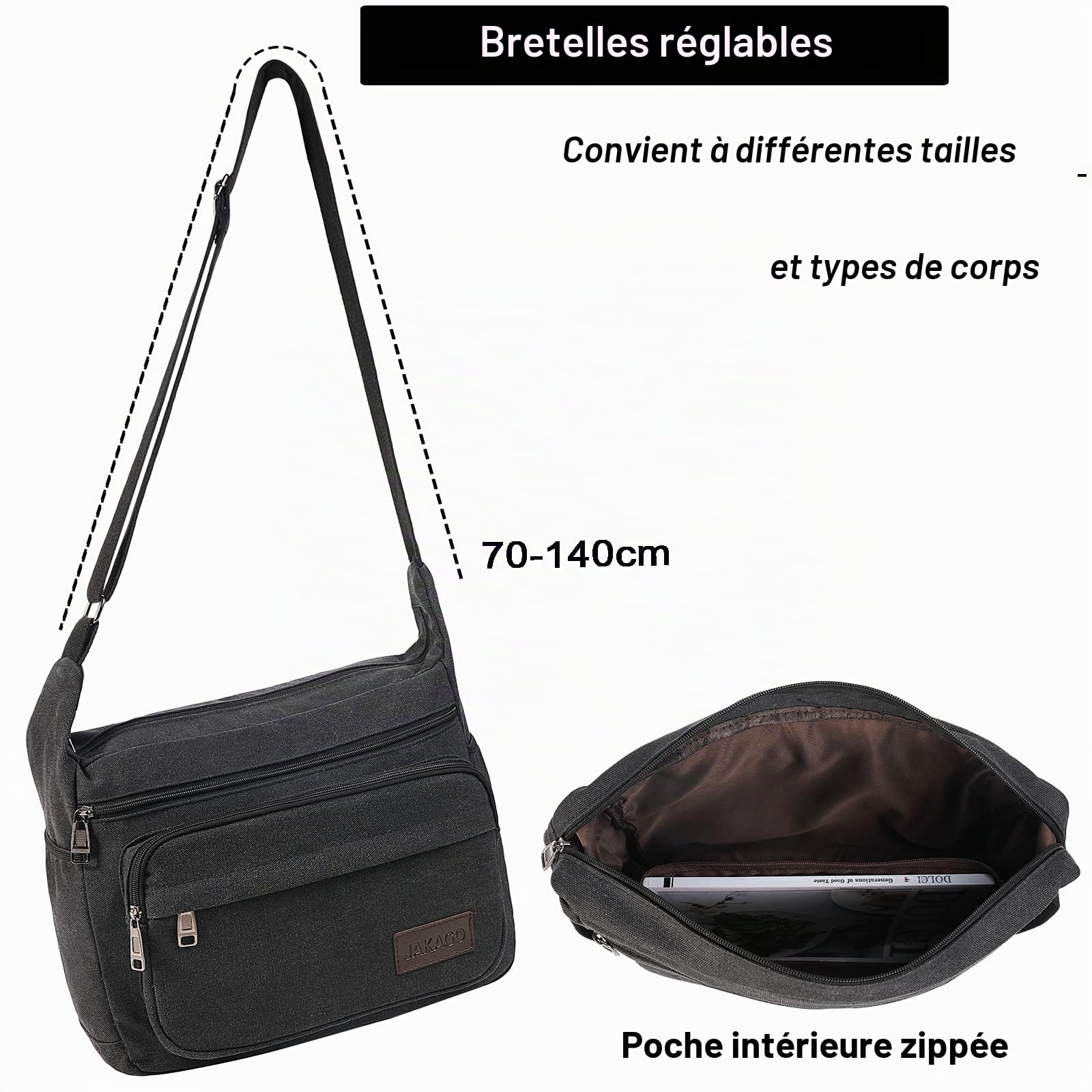 JAKAGO Sac à bandoulière en toile pour homme/femme avec plusieurs poches pour l'école voyages pêche camping travail au quotidien,15 inchs