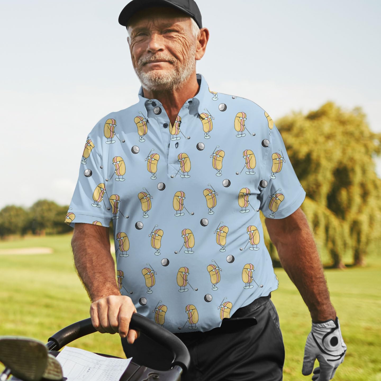 Funny Golfs Pattern Polo Shirts for Men Tropical Vintage Shirts Mens Polo Shirts Short Sleeve Button Up Golf Shirts for Men