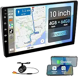 Central Multimídia Tela 10 Polegadas Android, Carplay e Android Auto Sem Fio, 4GB RAM 64GB Quadcore, GPS Integrado