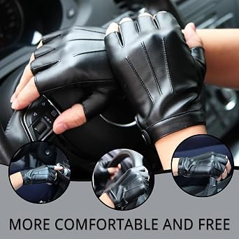 Black Fingerless Gloves for Men and Women, PU Faux Leather Fingerless Gloves, Half Finger Gloves Winter Warm Gloves Working Running Biking Driving, Insulated Thermal Fingerless Gloves