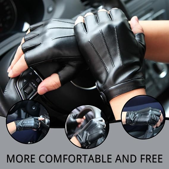Black Fingerless Gloves for Men and Women, PU Faux Leather Fingerless Gloves, Half Finger Gloves Winter Warm Gloves Working Running Biking Driving, Insulated Thermal Fingerless Gloves