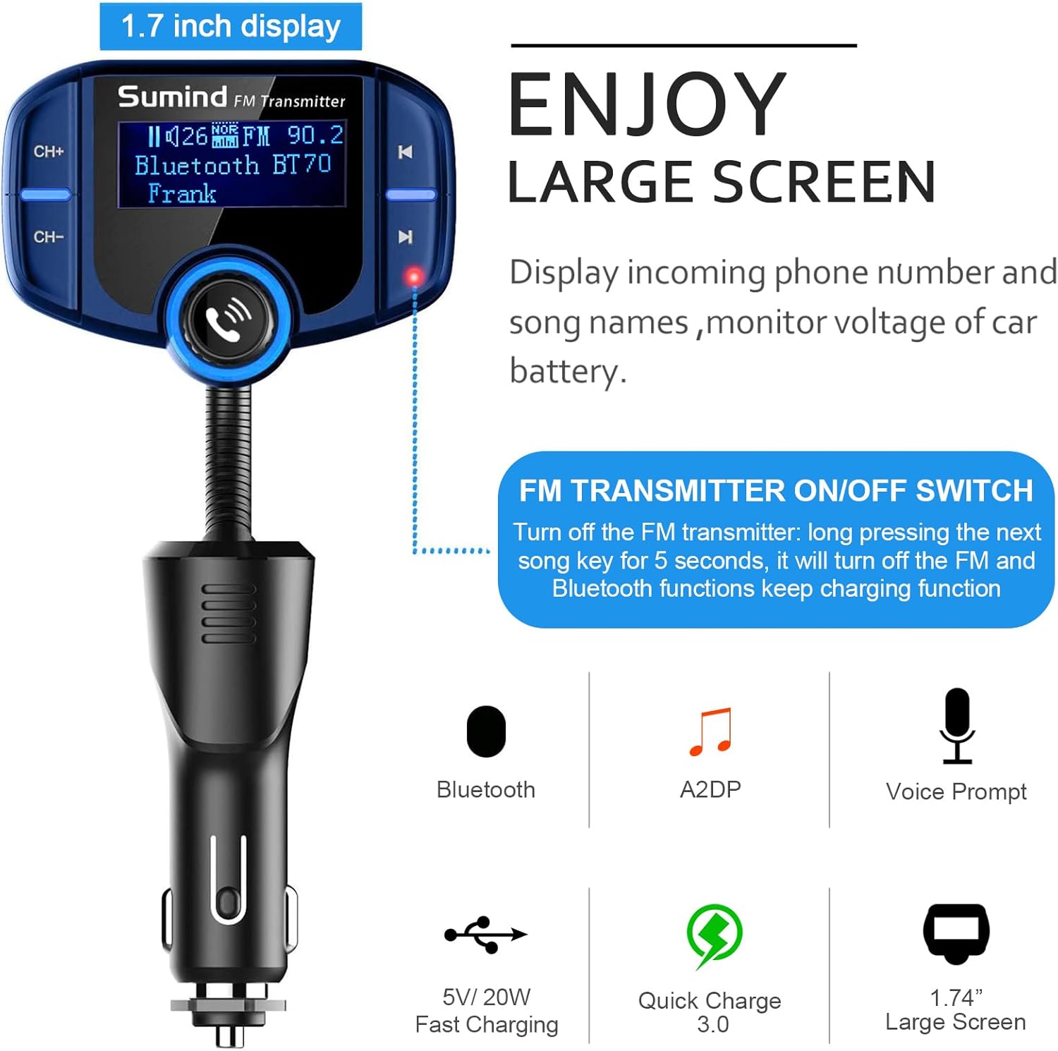 Sumind 2026 Upgraded Wireless Bluetooth Car Adapter FM Transmitter, 1.7'' LCD Display, Flexible Gooseneck, 20W QC3.0&Dual USB Ports, AUX Input/Output for Hands-Free Call, Micro/TF Card(Blue,PD)