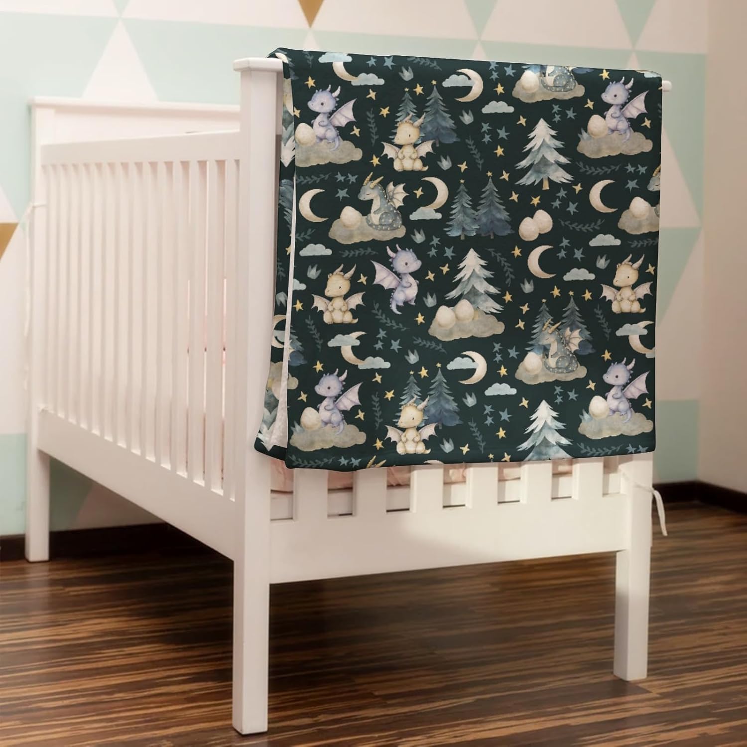 Fairytale Dragons Baby Blanket for Boy Girl Cute Dragons Eggs Moon Stars Trees Swaddle Blanket Dreamy Animal Crib Receiving Blanket Soft Flannel Newborn Nursery Stroller Toddler Bed Blanket