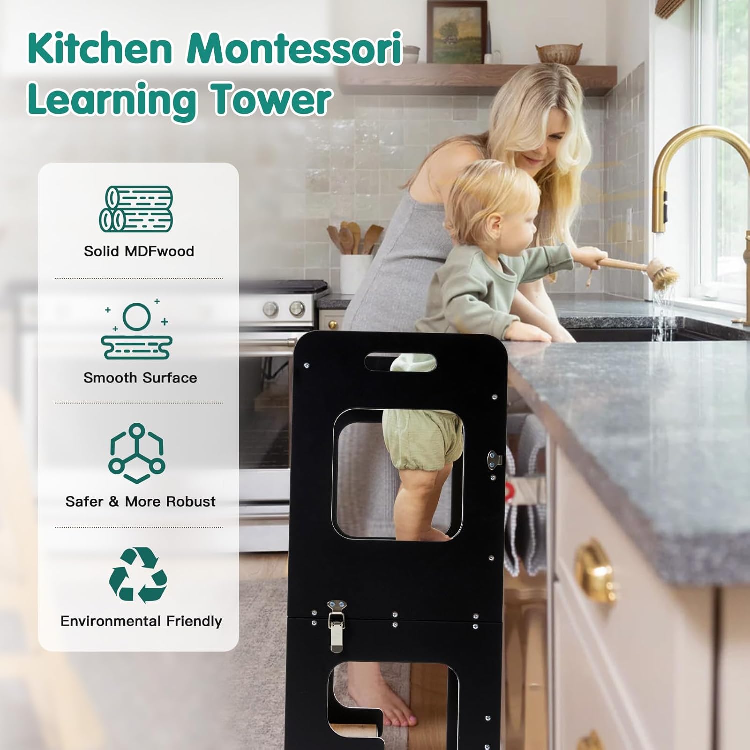 Toddler Kitchen Tower, Learning Standing Tower, 2-in-1 Kitchen Black Wooden Stool Helper with Chalkboard Montessori and Waldorf Helper for Kids in Kitchen - Image 5