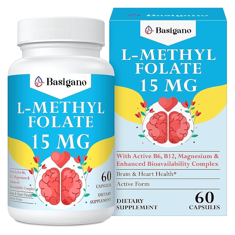 Basigano suplemento de vitamina B9 com L-metilfolato 15 mg, vitaminas B6 e B12, 60 cápsulas vegetarianas