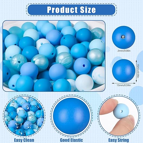 Miniatura 3 de 80 cuentas de silicona de 0.591 in, 8 colores azules, cuentas de silicona a granel para hacer llaveros, cuentas de silicona de 0.59 pulgadas de goma