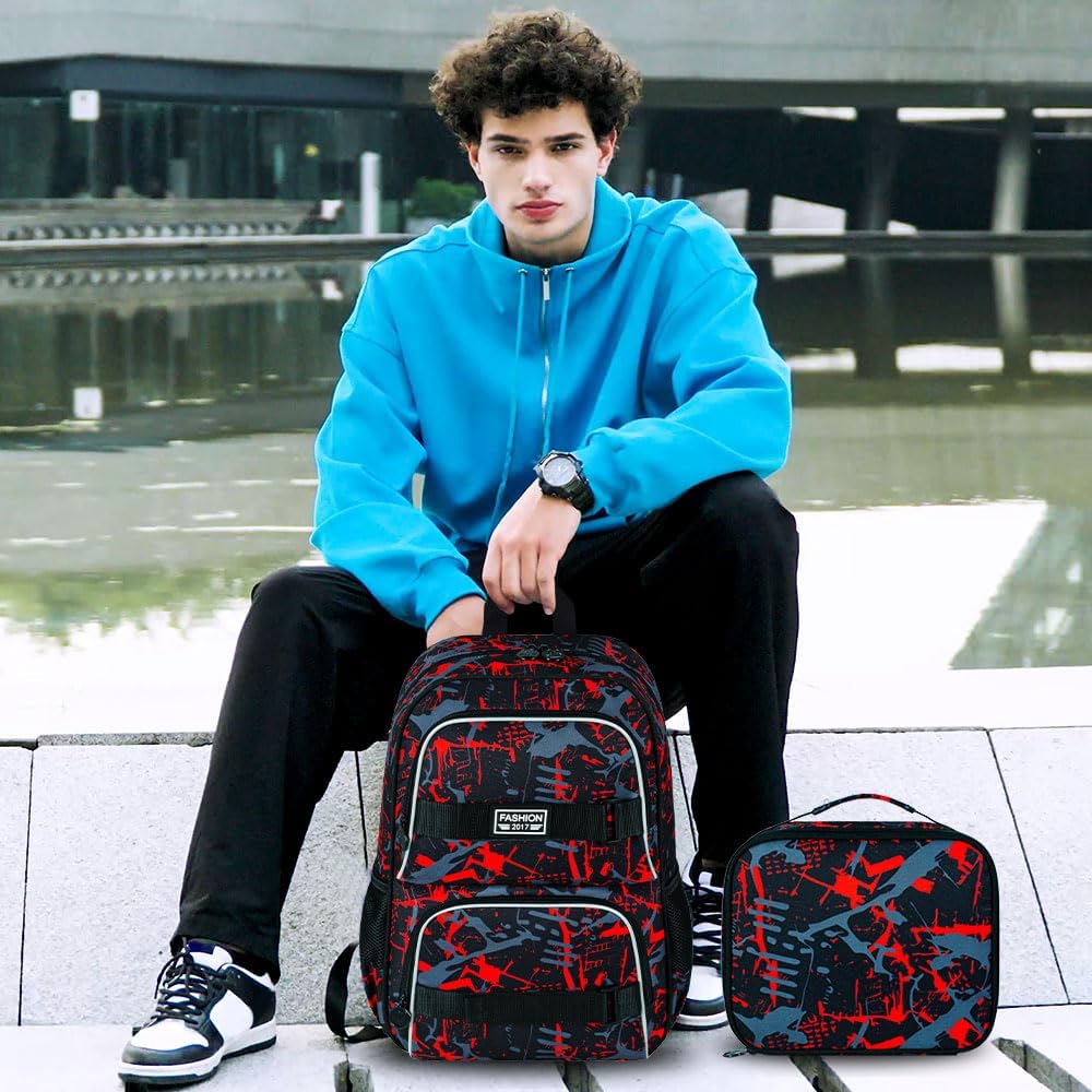 3Pcs Backpack for Boys Men, 17 Inches College Laptop Backpacks with Lunch Bag, Water Resistant Graffiti School Bookbag Set for Teens Students(Red)