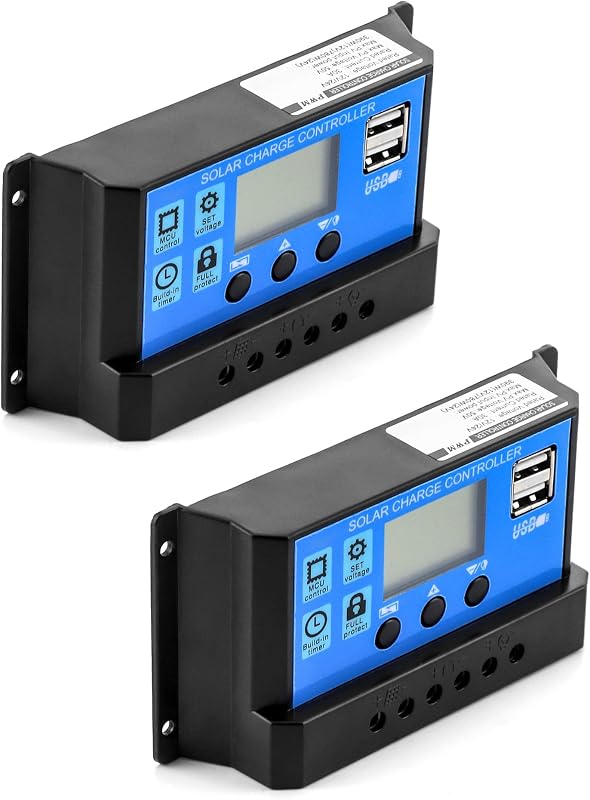 QWORK 2db Napelemes Töltésvezérlő 30A 12V/24V USB Porttal és LCD Kijelzővel