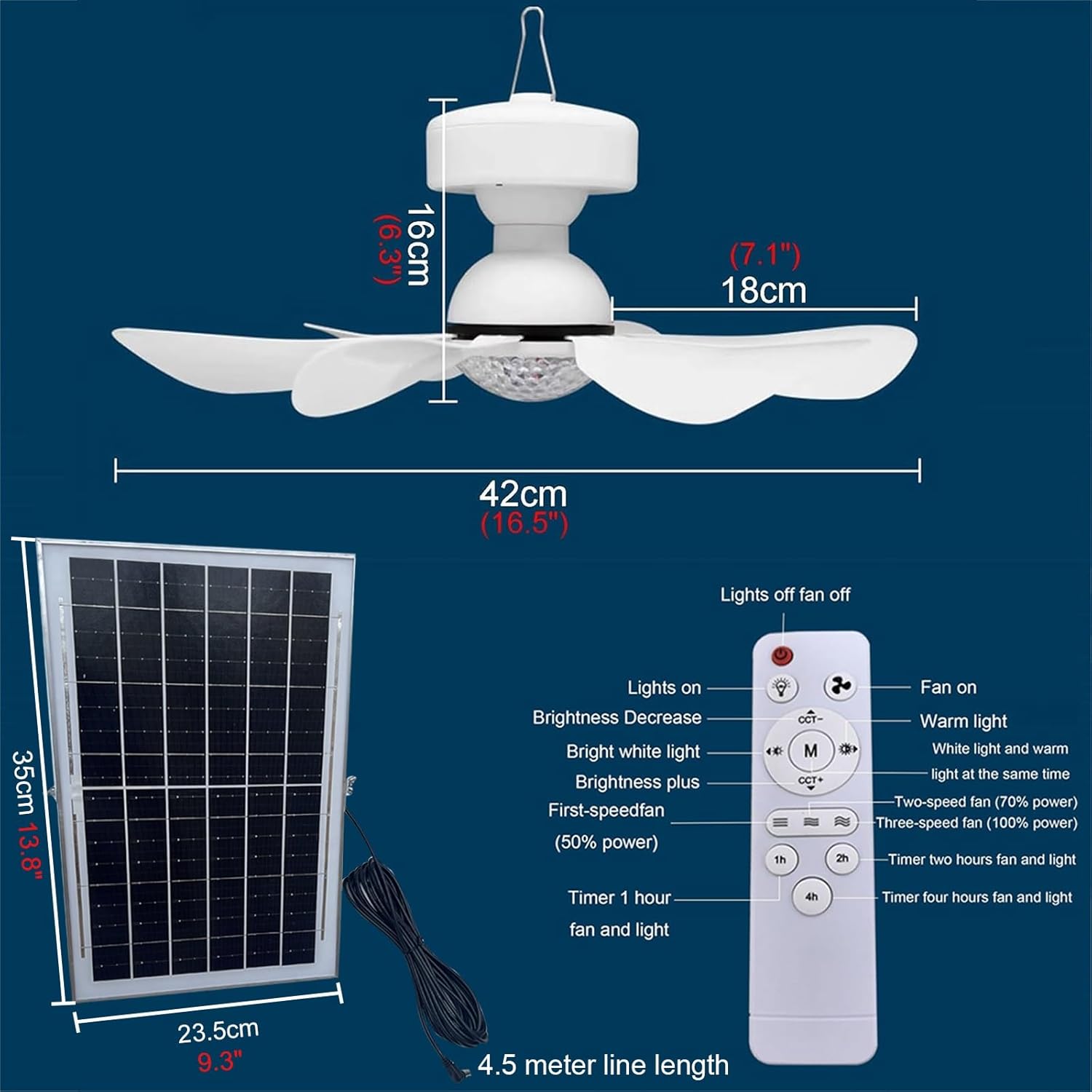 Solar Fan With Light 2 Color Adjustable Lights 6 Removable Blades Portable Outdoor Camping Fans Light Remote Control With 3 Speed