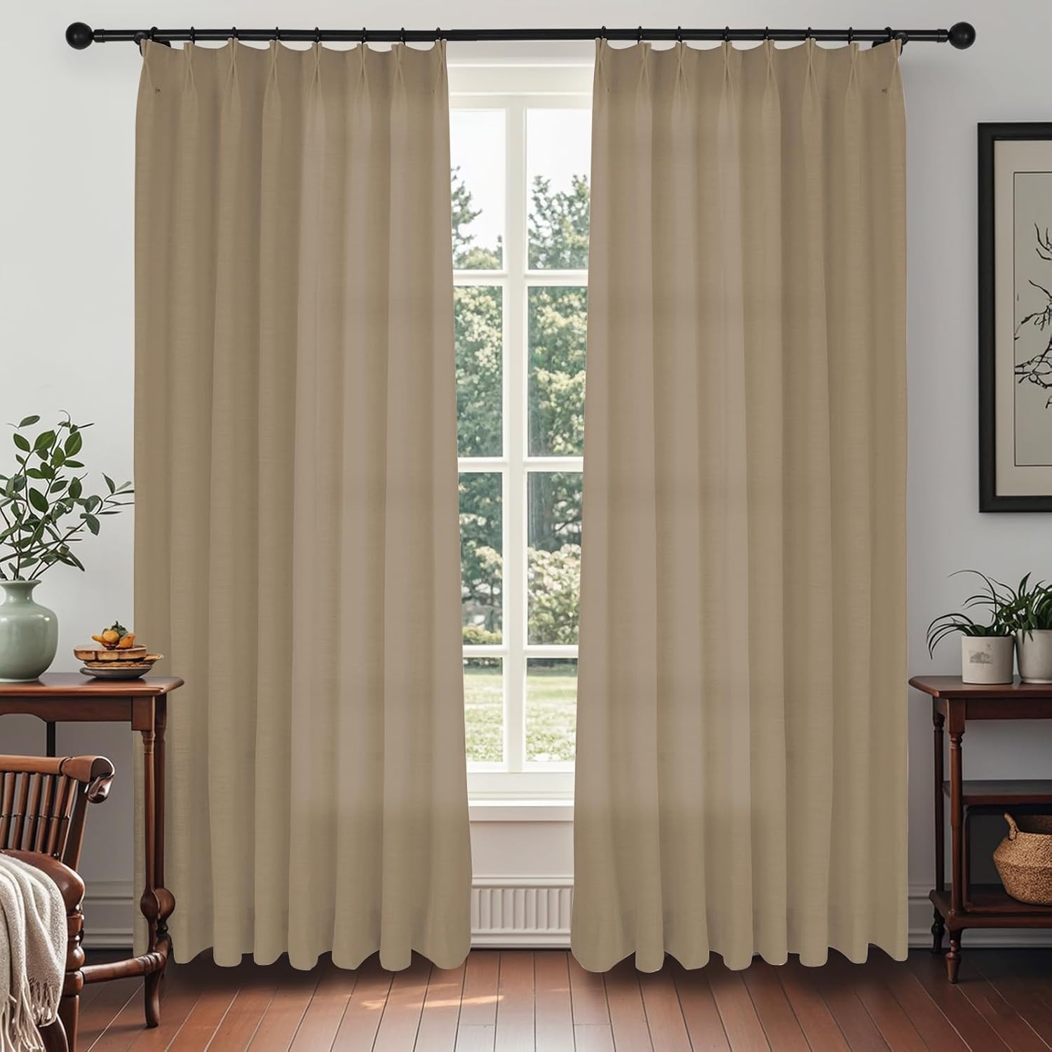 LUSTROWIN French Pinch Pleated Drapes 84 inch Length Unlined Light Filtering Natural Linen Curtain Drapery for Living Room Bedroom Window Patio Door (1 Panel, Burlywood Birch, 84" W x 84" L)