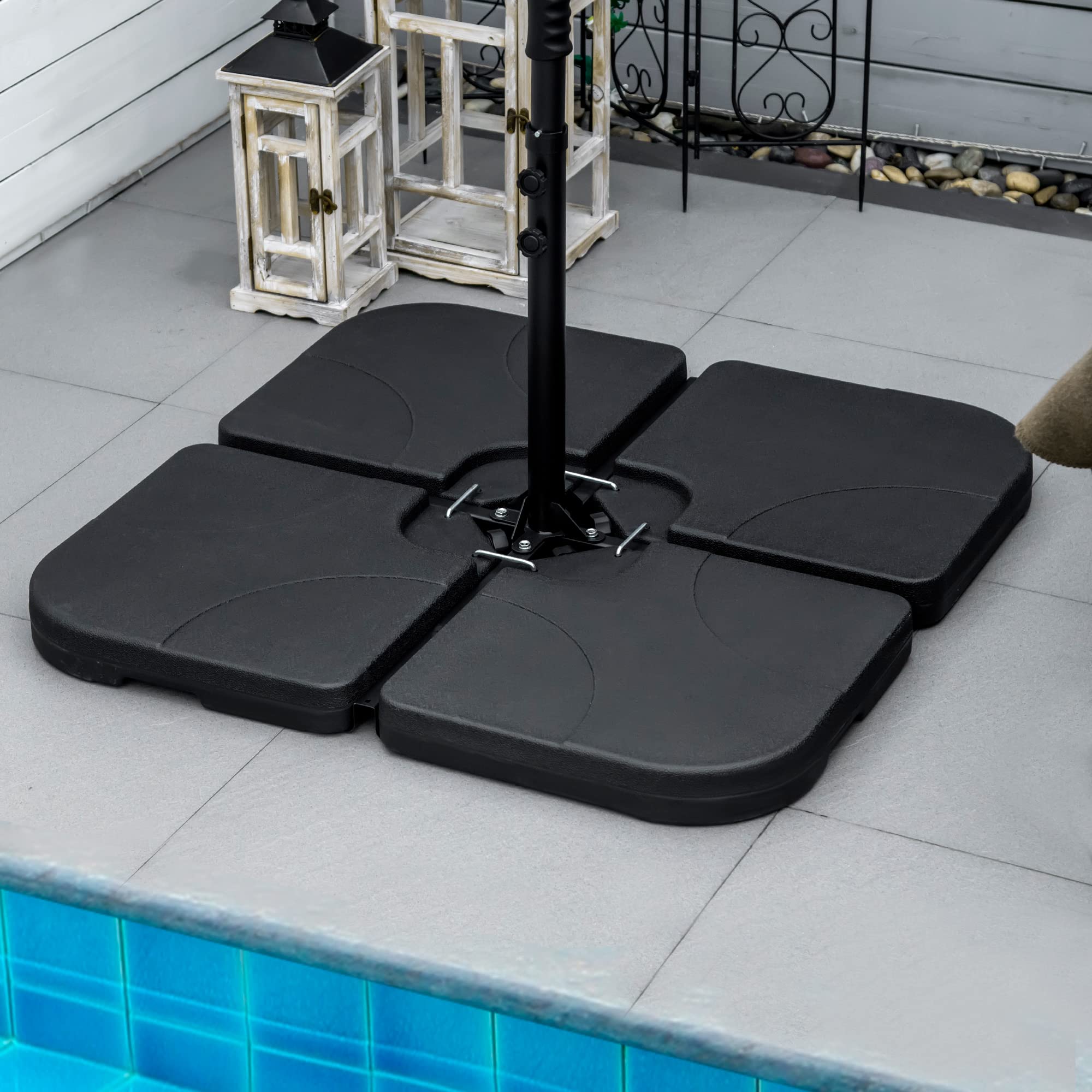 Outsunny Base per Ombrellone Set 4 Pezzi in HDPE Riempibile con Acqua o Sabbia, Basamento per Ombrellone con 4 Connettori, 104x104x7.5 cm, Nera