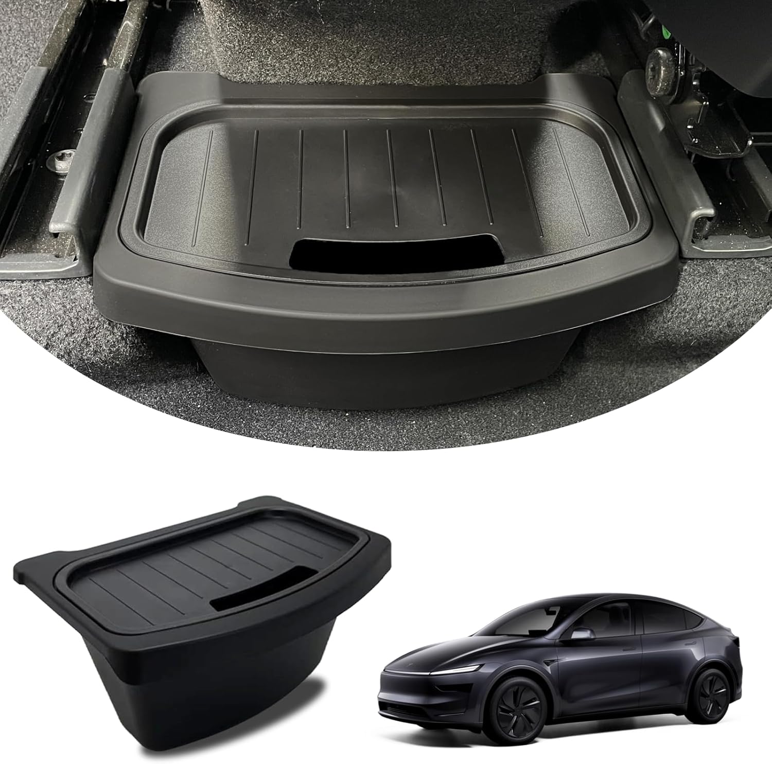 Rear Seat Storage Organizer Box with Lid for Tesla Model Y Juniper 2025-2026 – Under Seat TPE Storage Bin – Model Y Juniper Interior Accessories with Anti-Slip Design & Dustproof Cover
