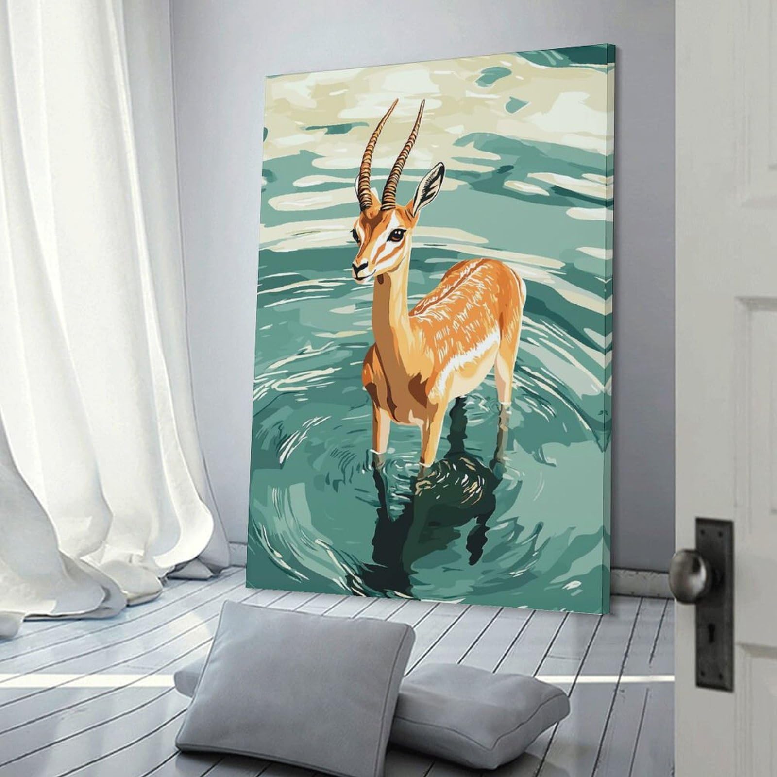 Junmoney Gazelle in Water Illustration Canvas Wall Decor 20x30inch(50x75cm), for Lounge, Study, Hallway Or Flat Walls, Canvas Wall Art That Fits Changing Layouts