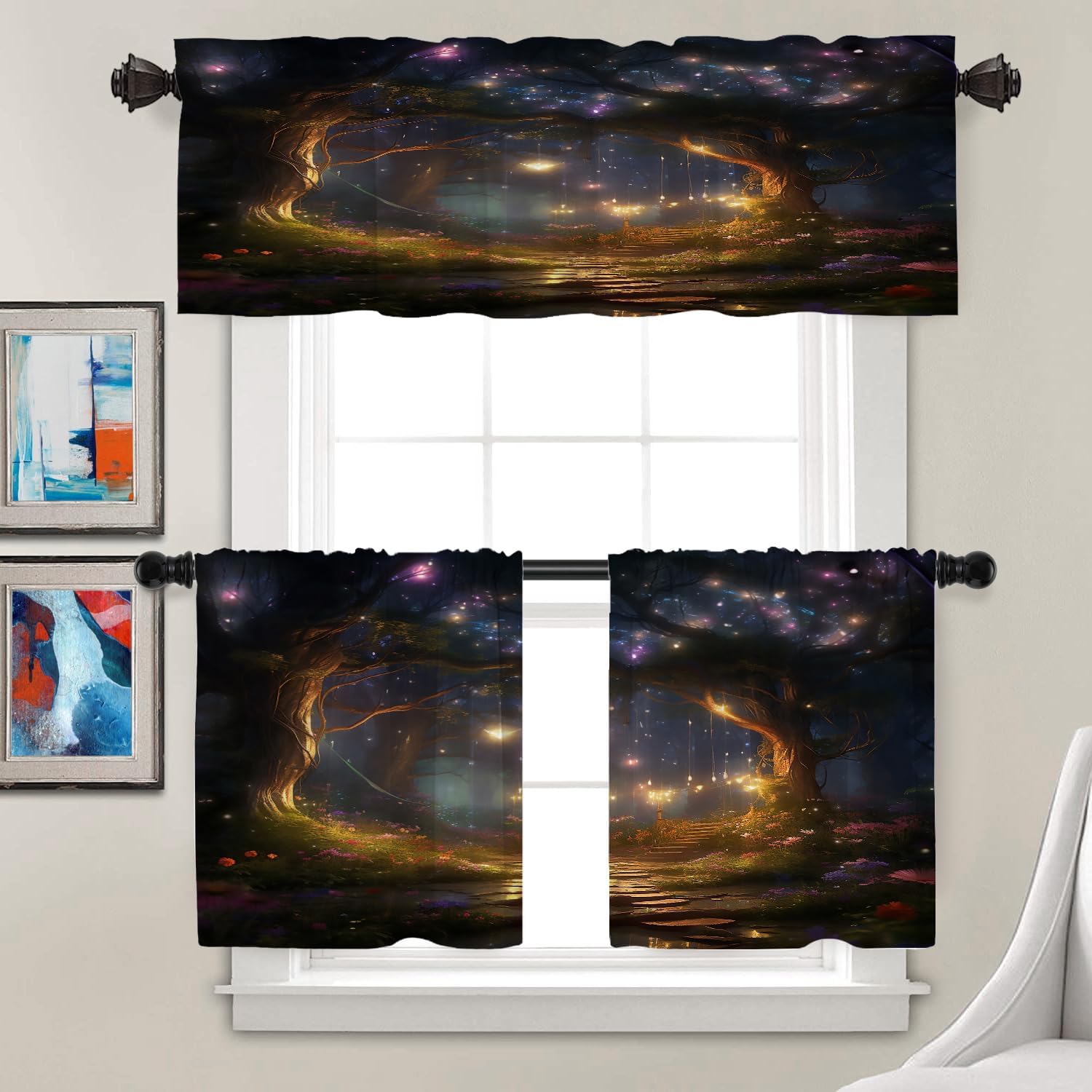 Batmerry Forest Lights Path Valance Curtains, A Magical Forest at Night Window Treatment Kitchen Valances Multilayer Polyester Blackout for Living Room/Bathroom, 2 Pack 52x18 inches