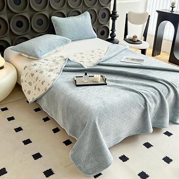 Bedspreads Twin, Soft Reversible Coverlet Milk Velvet Cotton Bed Cover Bedding Decor Quilted Quilt Printing Bedspread for All SeasonsBlue,90 * 200cm