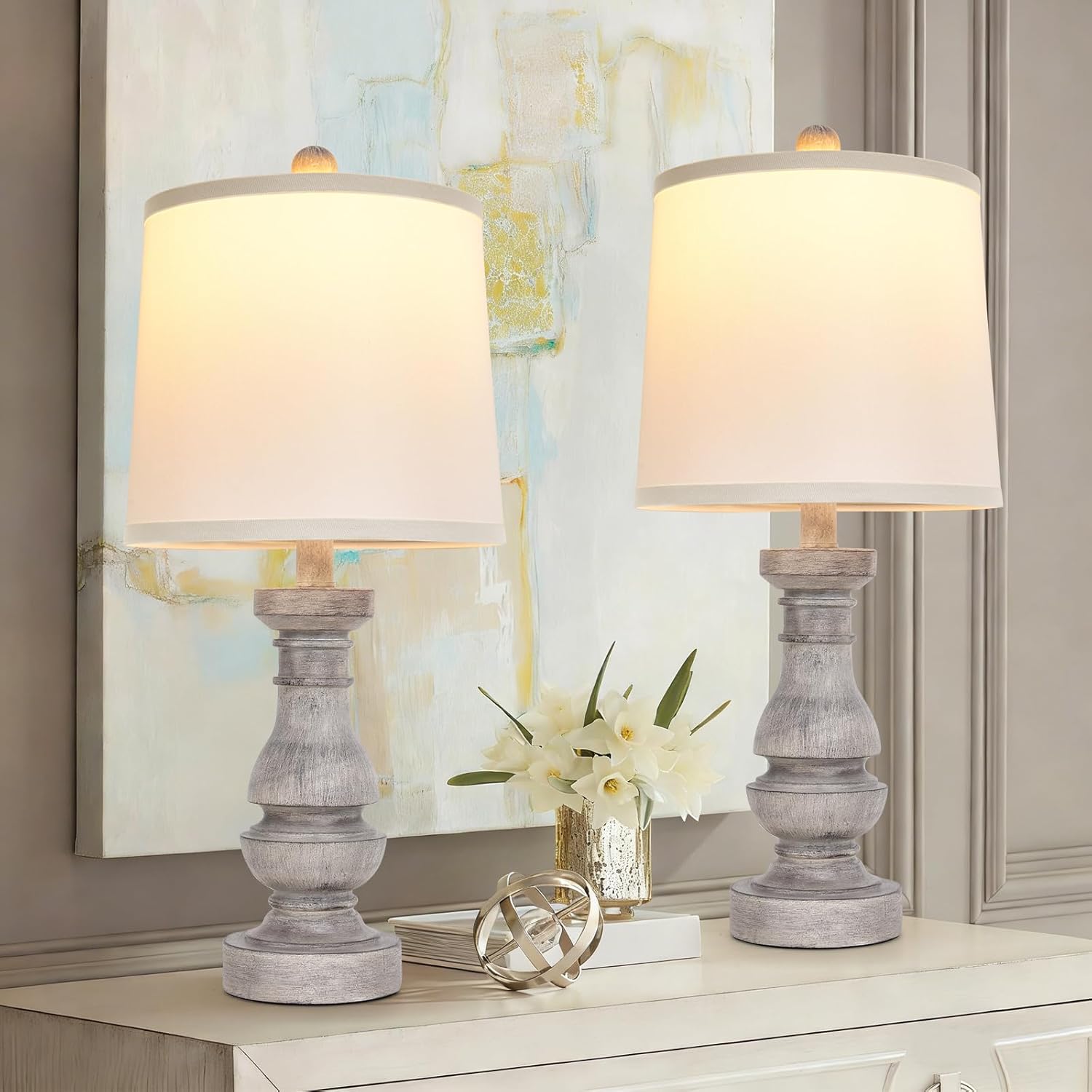 2 Pack 22" Distressed Gray Resin Table Lamp, Farmhouse Bedside Lamp with 9" White Fabric Shade, 5ft Brown Cord, E26 Socket for Bedroom Living Room Office