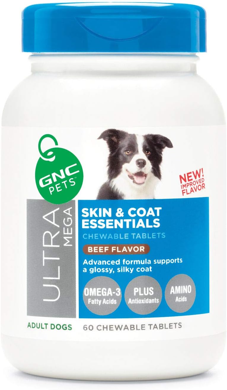GNC Pets Ultra Mega Skin & Coat Essentials Chewable Tablets Dog Supplement, 60 Count - Beef Flavor | Supplement for Adult Dogs Supports…