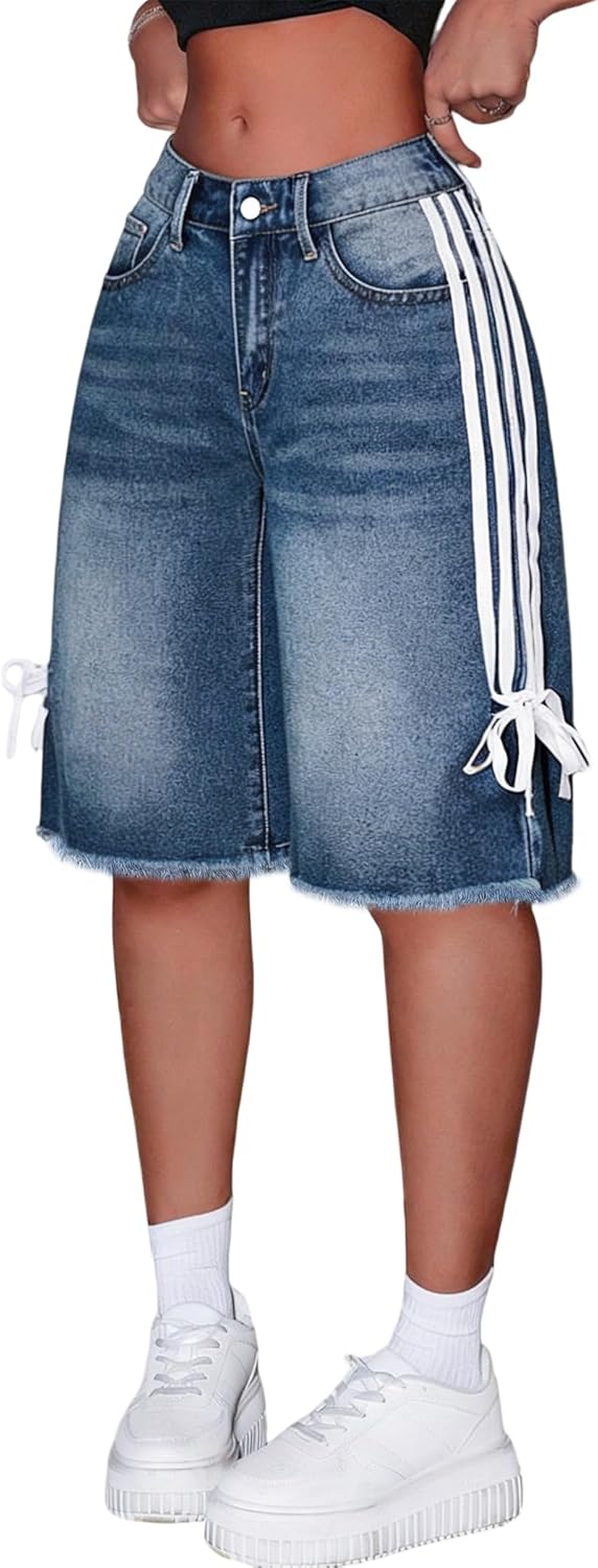 Girls Jean Shorts Baggy Loose Fit Raw Hem Bermuda Denim Shorts Side-Stripe Bowknot Y2K Cute Streetwear 13-16Y