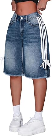 Girls Jean Shorts Baggy Loose Fit Raw Hem Bermuda Denim Shorts Side-Stripe Bowknot Y2K Cute Streetwear 13-16Y