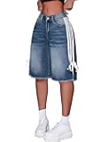 Peakpride Girls Jean Shorts Baggy Loose Fit Raw Hem Bermuda Denim Shorts Side-Stripe Bowknot Y2K Cute Streetwear 13-16Y