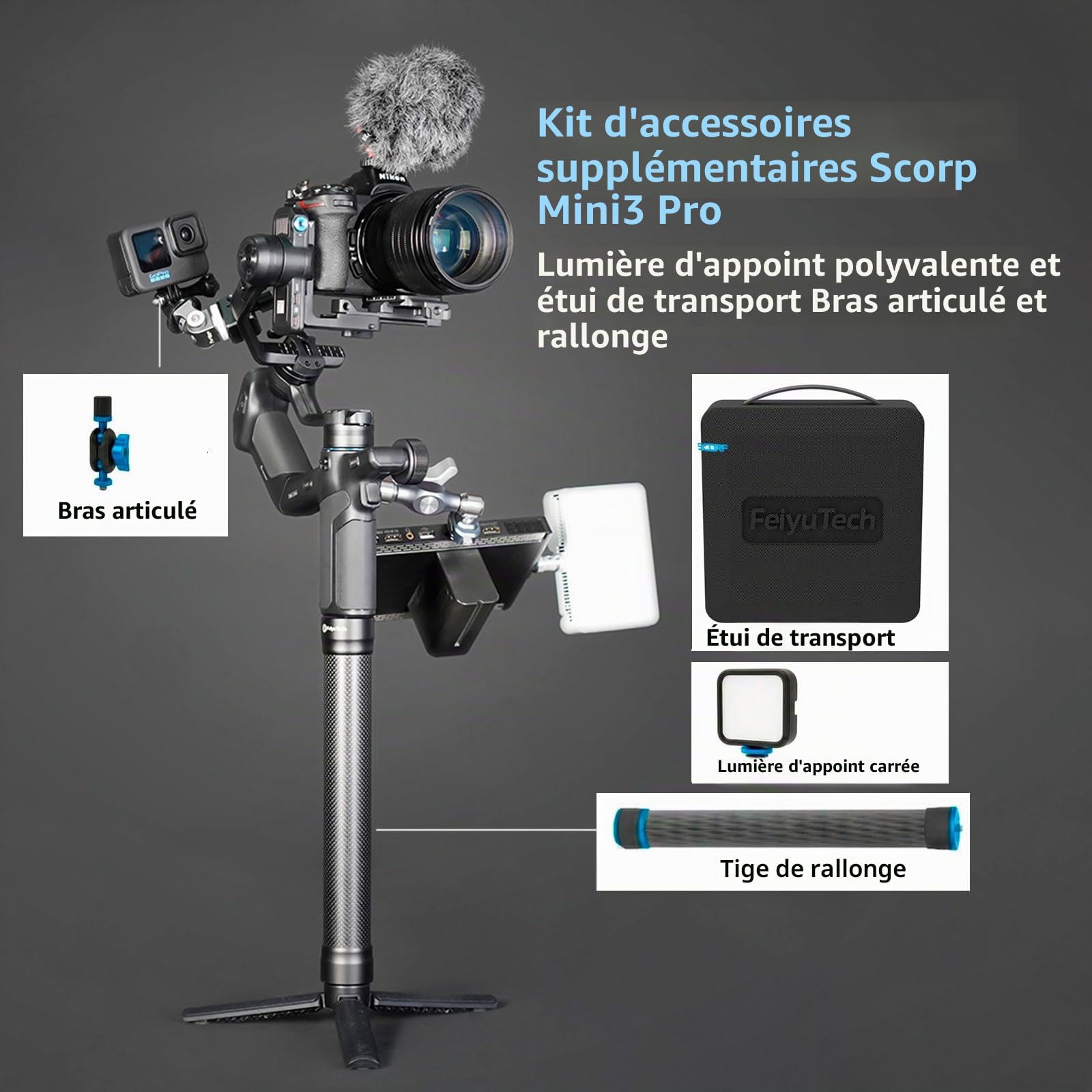 FeiyuTech SCORP Mini 3 Pro Kit stabilisateur de caméra à 3 axes, IA intégrée, portable tout-en-un pour appareil photo sans miroir, caméra d'action, téléphone, charge utile 2 kg