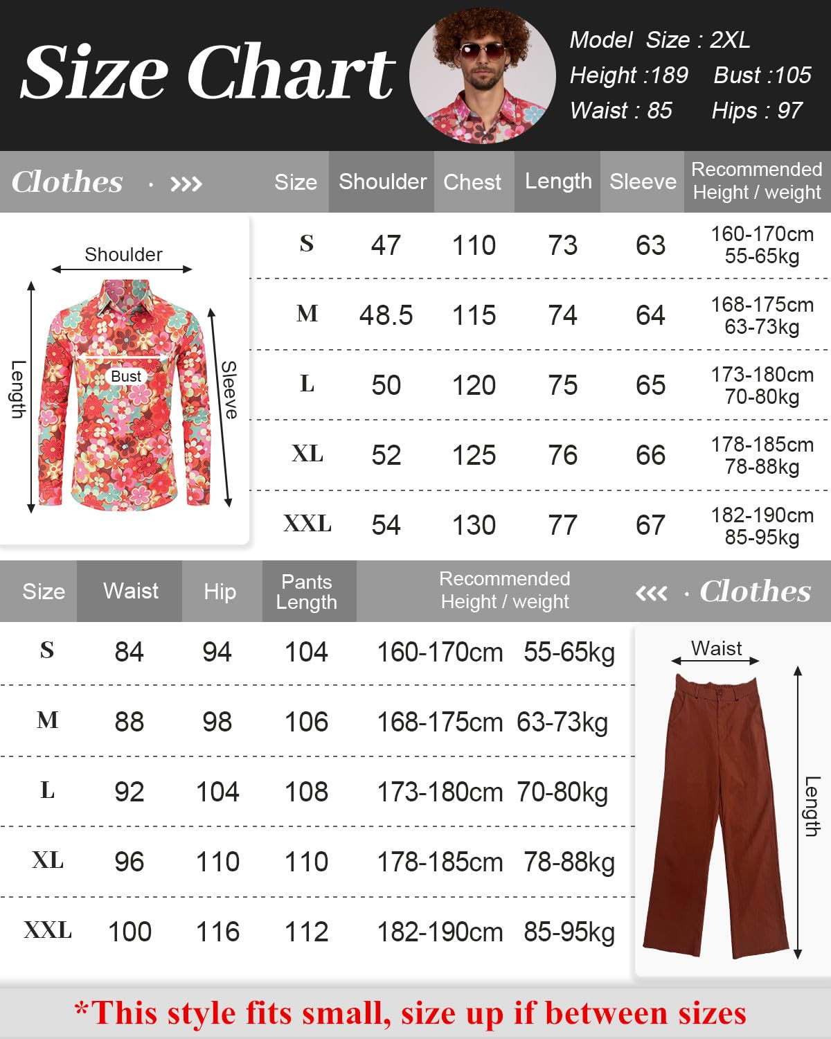 70er Jahre Disco Kostüm Set Hippie Herren Outfit mit Schlaghose Hemd 80s Fasching Bekeidung für 50s 60s 70s Cosplay Halloween Party