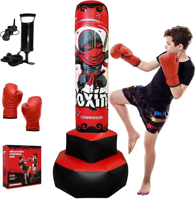 67inch Punching Bag for Kids, Inflatable Kids Boxing Set with Gloves, Fast Rebound Punching Bag for Practicing Karate, Taekwondo, MMA, Christmas/Birthday Gift for Boys Girls, Ages 6-14