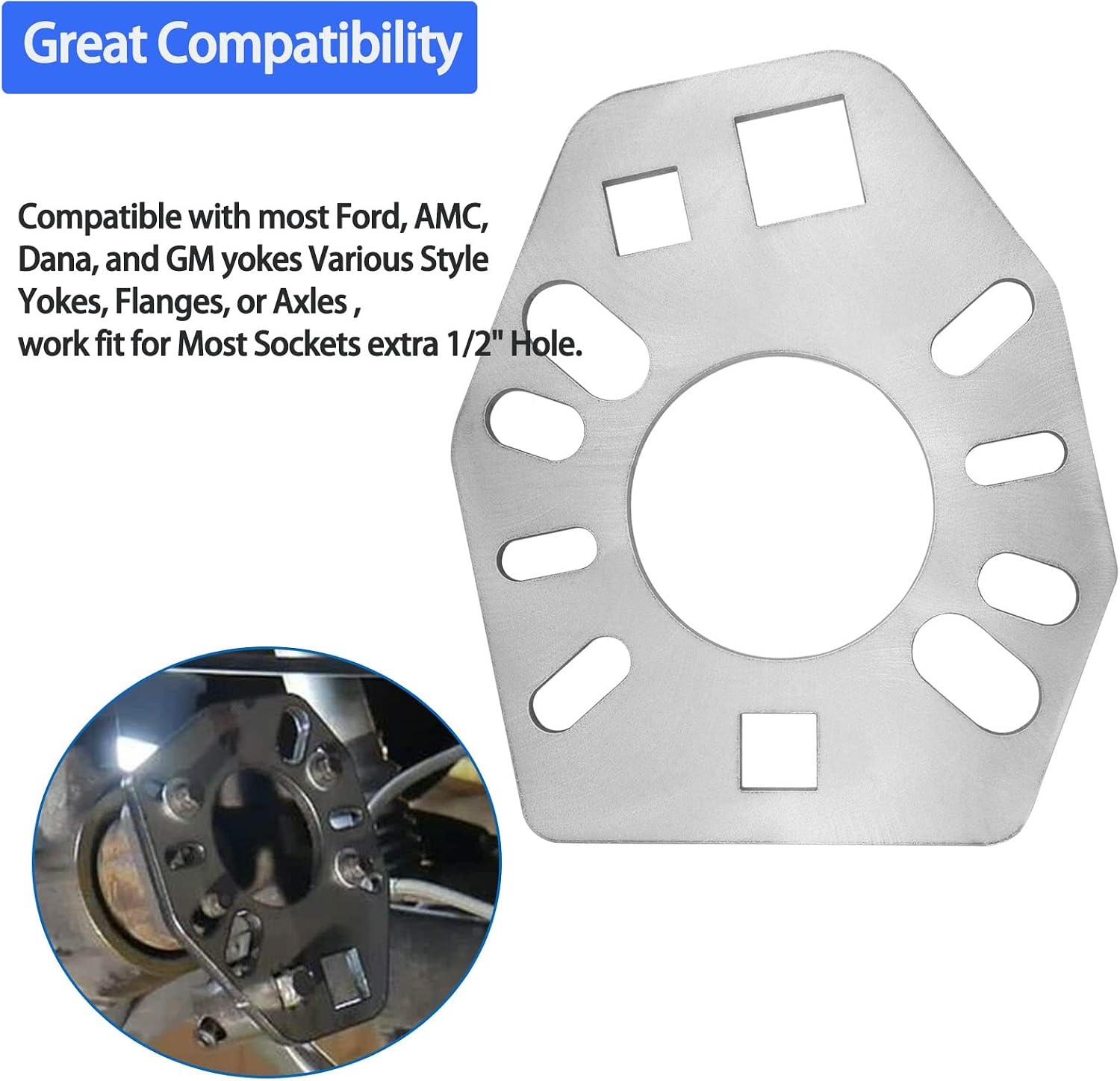 Pinion Holding Tool Holder Yoke Wrench Compatible with Various Style Yokes, Flanges, or Axles Fit for Most Sockets extra 1/2" Hole
