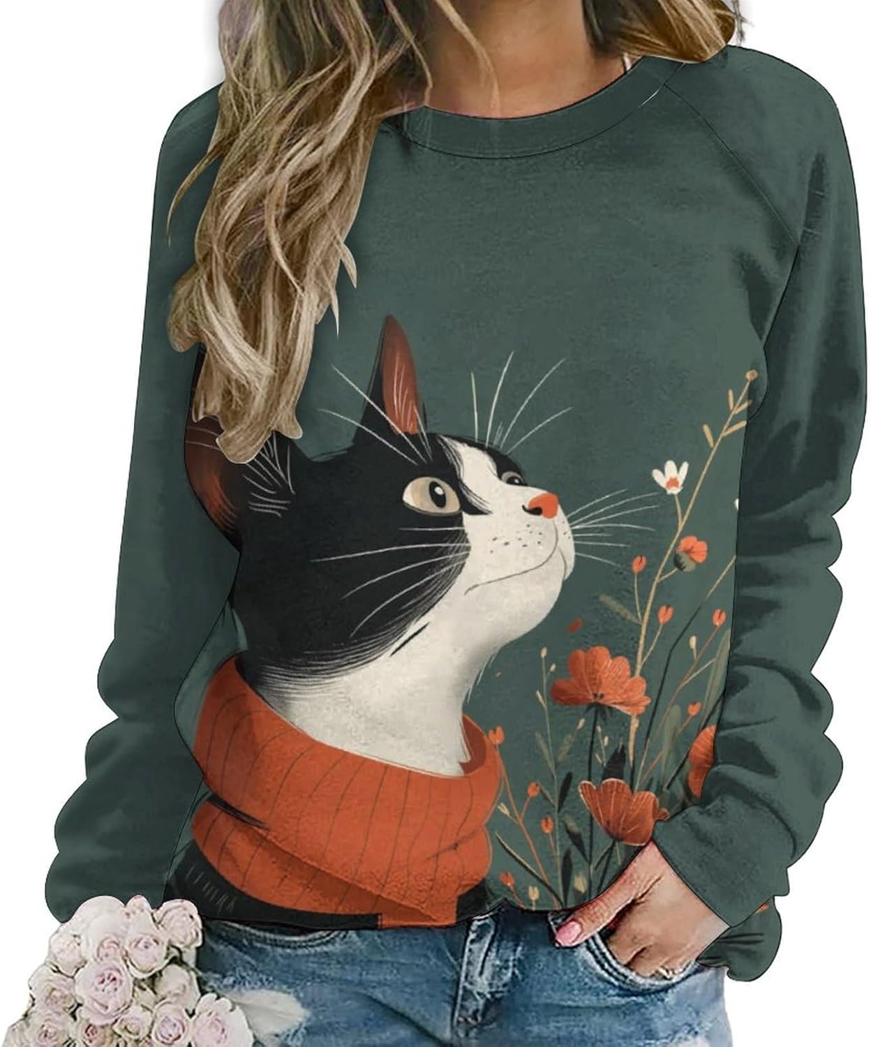 Long Sleeve Shirts for Women Cat Printed Fall Winter Dressy Holiday Casual Fashion ...
