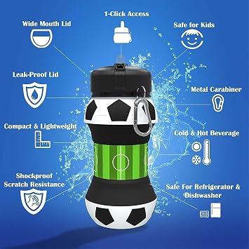 Xspring Foldable water bottle, BPA-free silicone collapsible water bottle, 550ml capacity, carbine, football pattern, practical sus bottle for school, camping and gift ideas