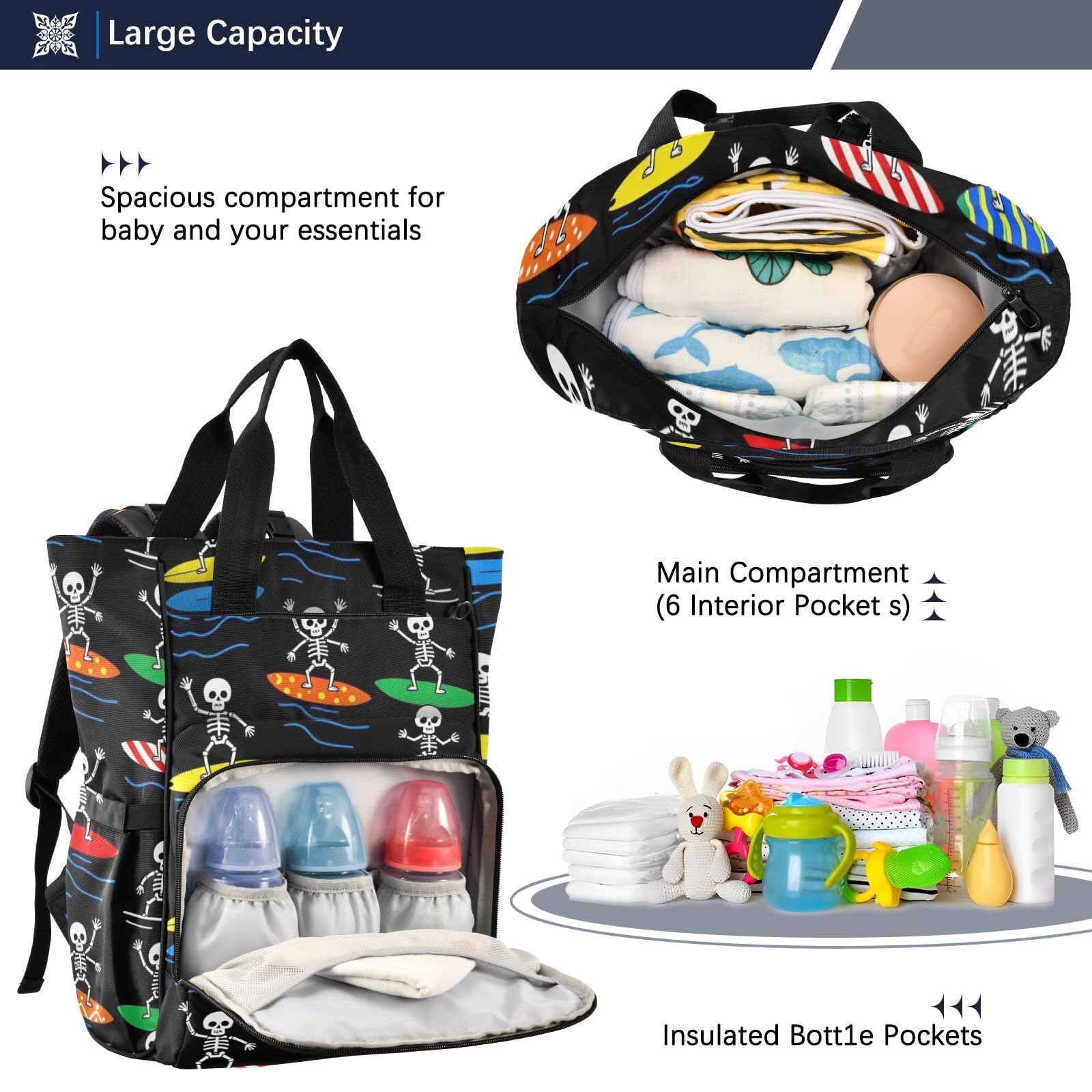 Baby Girl Borsa per pannolini per mamma scheletri surf Halloween
