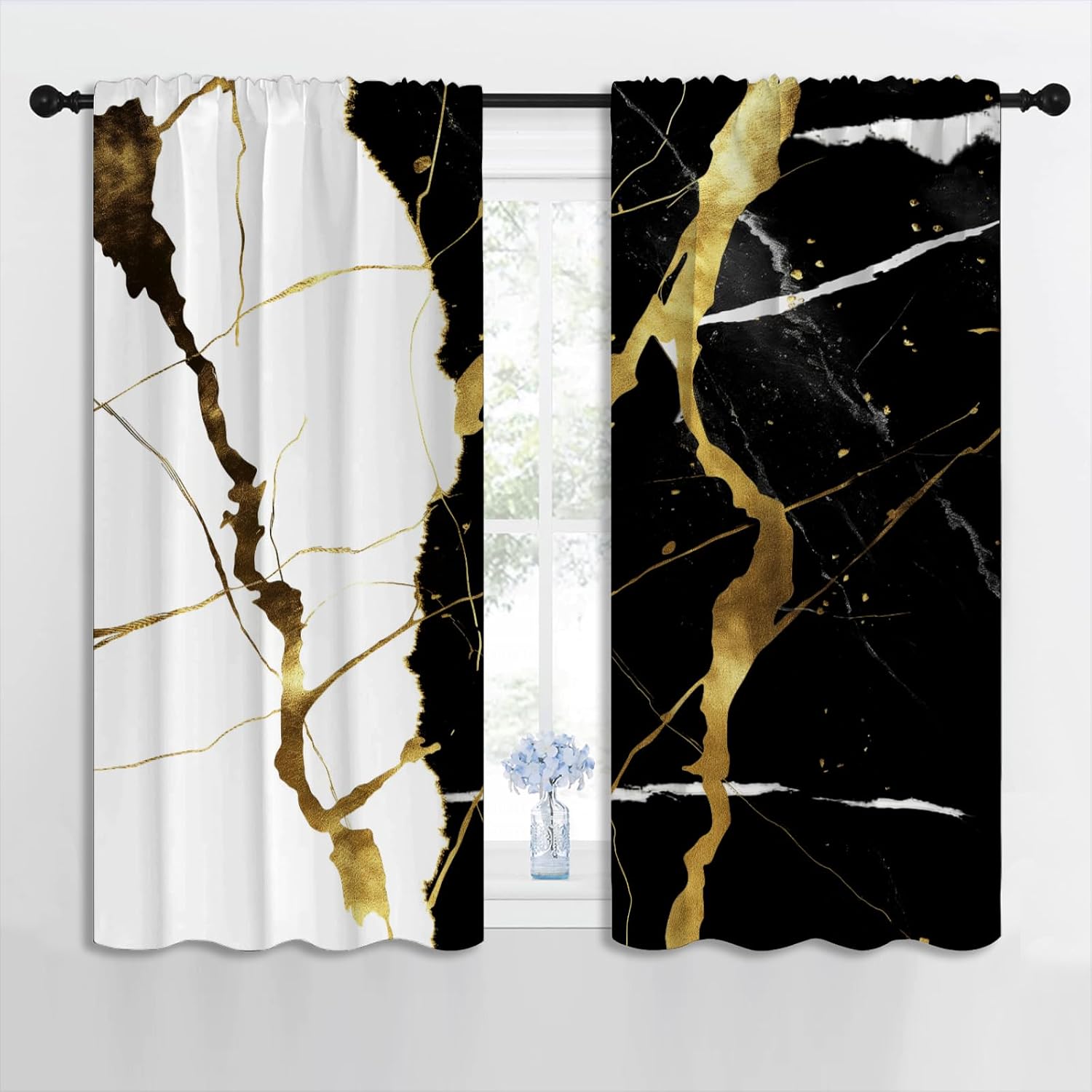 Black White Marble Blackout Curtains for Boys Girl Bedroom Home Decor, Modern Luxury Gold Texture Abstract Art Thermal Insulated Rod Pocket Darkening Living Room Window Drapes, 42 x 45 inch